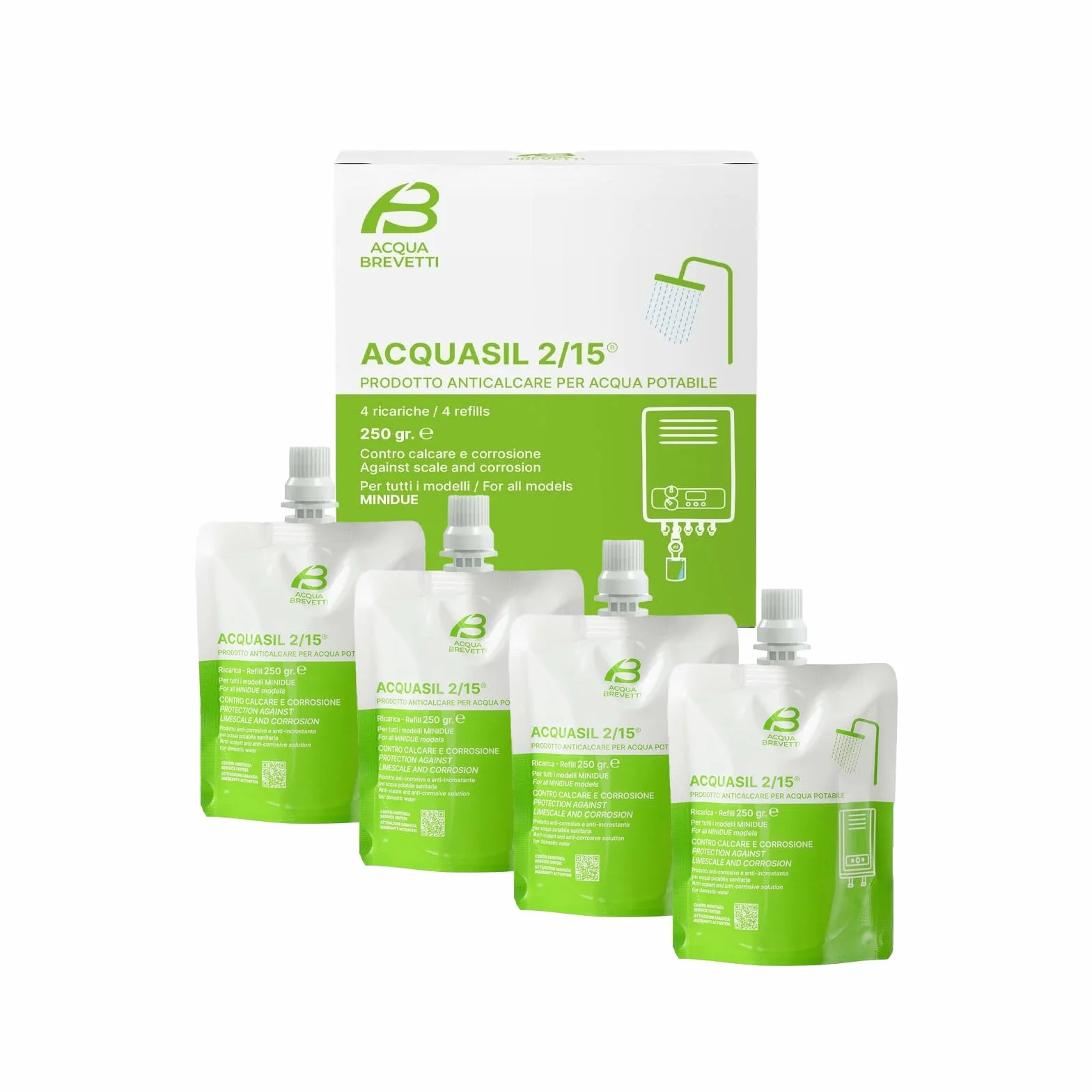 Acquasil 2/15 PC100 Ricariche MiniDOS Anticalcare Anticorrosione per Acqua Potabile Protezione Caldaie 4x250g