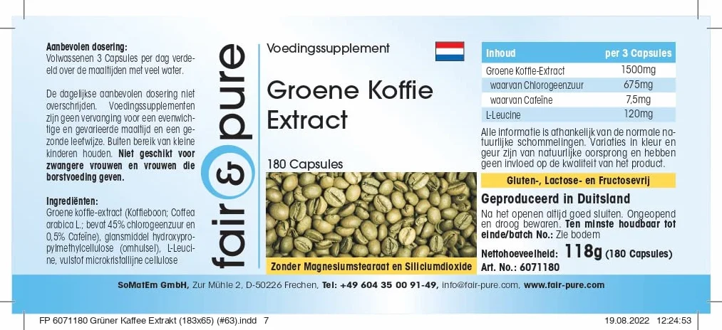 Fair & Pure Estratto di caffè verde 500mg 180 Capsule 45% acido clorogenico Vegano