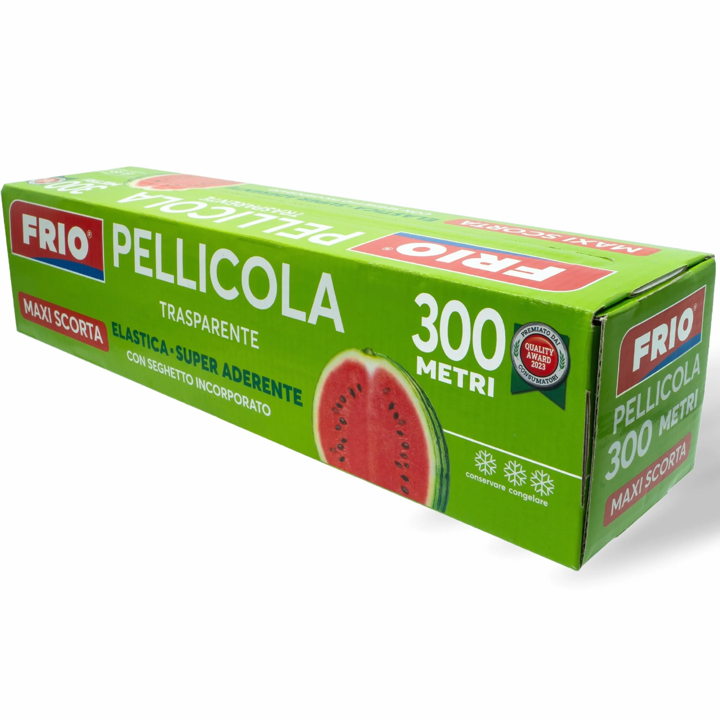 FRIO - 1 Rotolo Pellicola Alimenti 300m - Superaderente - Astuccio Professionale con Seghetto - Elastica e Autosigillante per Conservazione e Avvolgimento - Ideale per contenitori e vaschette metallo