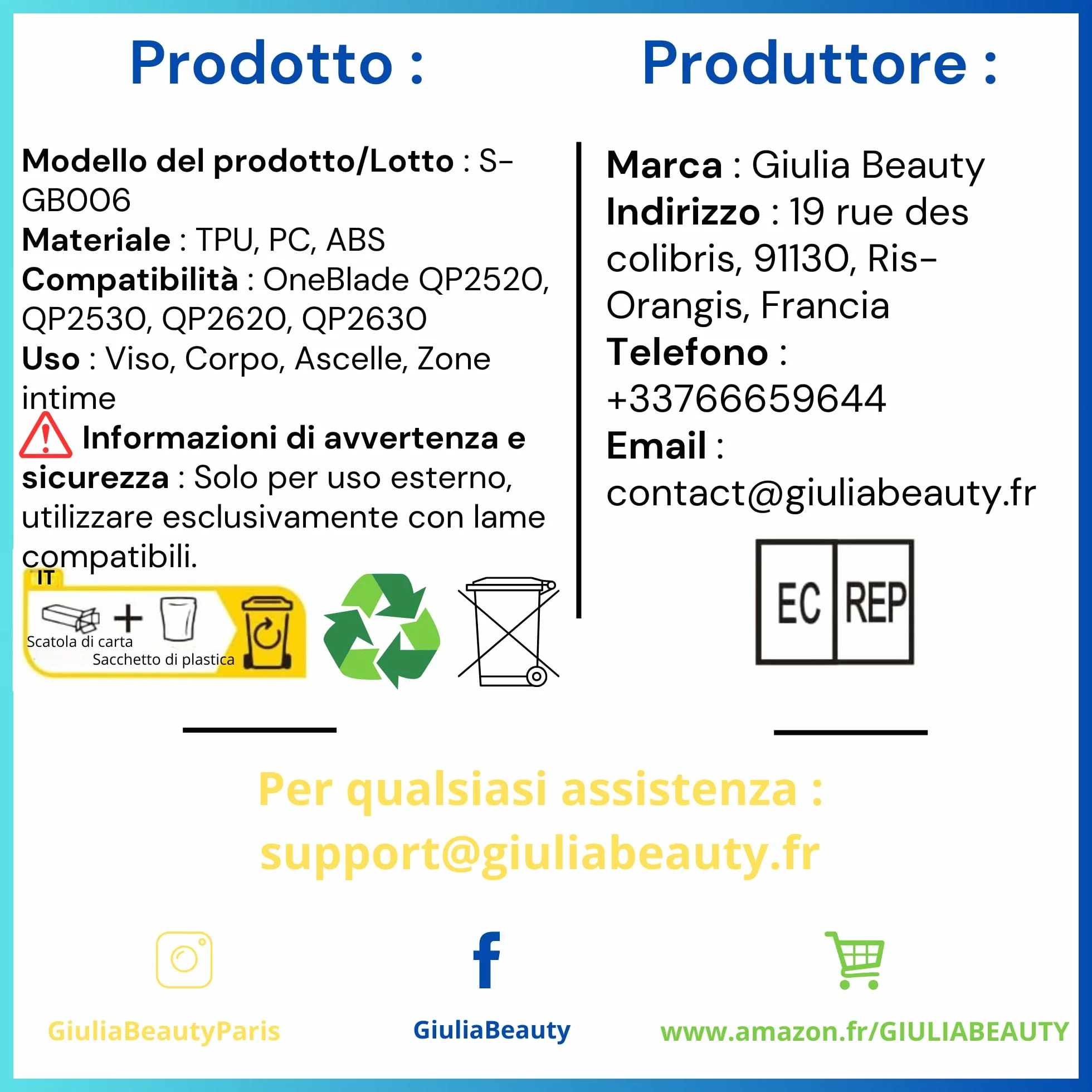 Zoccolo brevettato V2 compatibile con One Blade Visage+Corpo QP2520,QP2530,QP2620,QP2630,QP27xx,QP28xx, con protezione pelle, pettine corpo, spazzola - Euipo Patent : 015048382-0001