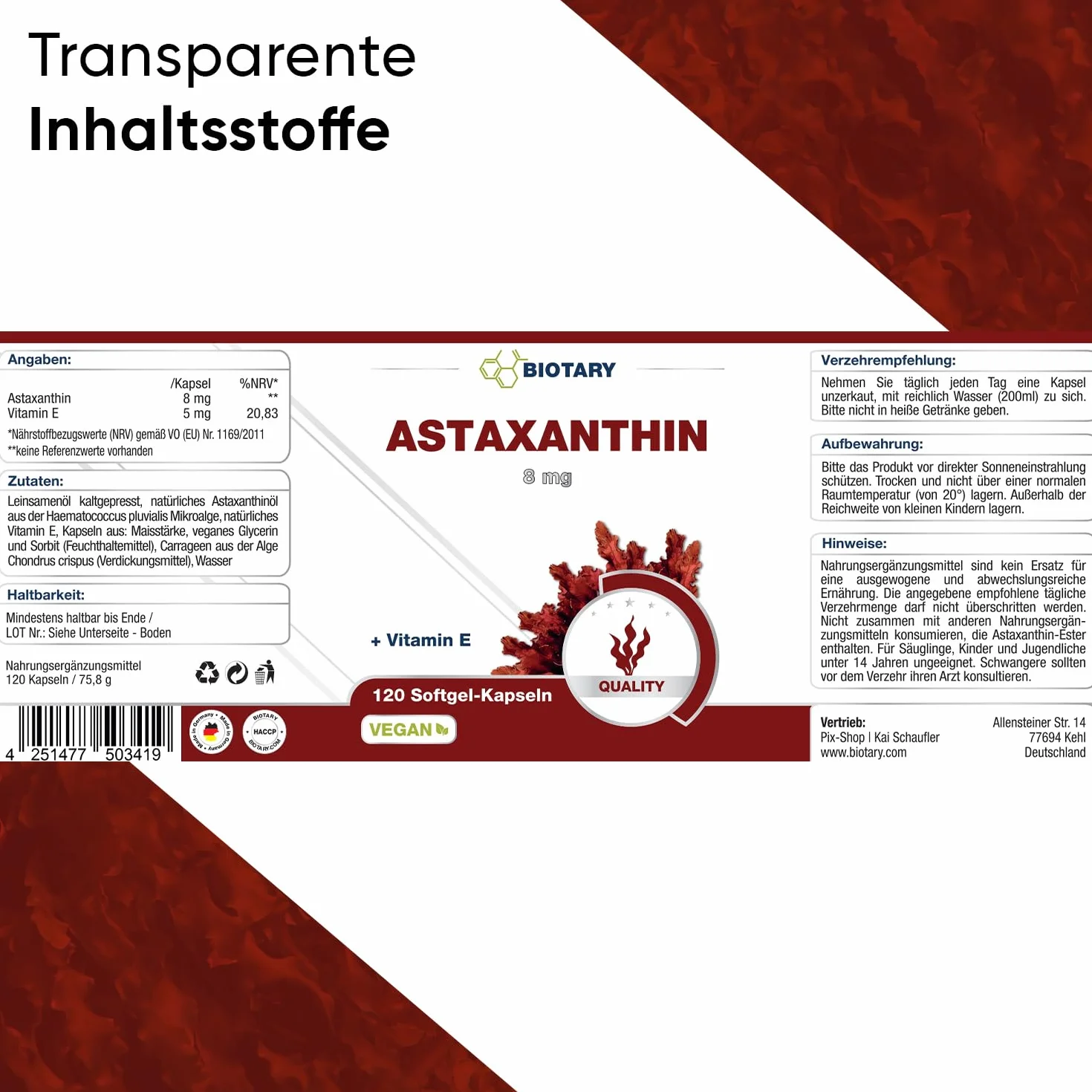 Astaxantina 8 mg 200 capsule vegetali vegane con vitamina E, Haematococcus Pluvialis