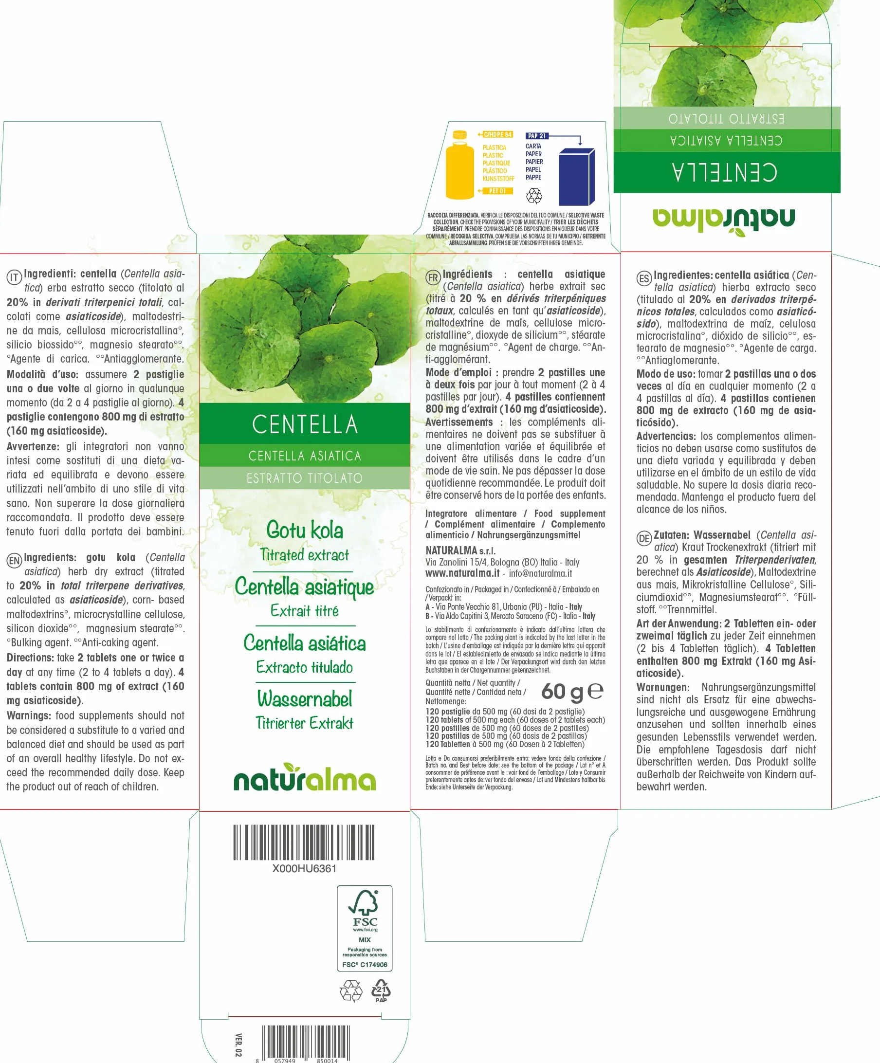 Naturalma Centella asiatica 120 pastiglie 60 g integratore alimentare vegano