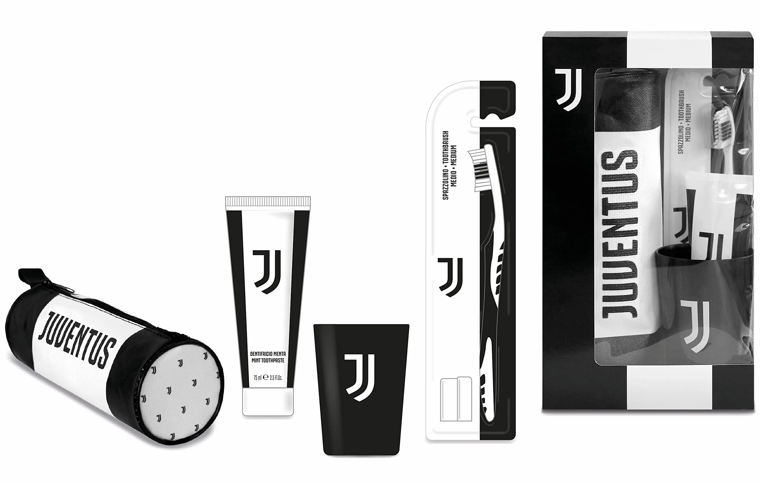 Naturaverde | Kids - Football Team - Juventus Oral Care Kit, Spazzolino da Denti Manuale con Setole Medie, Dentifricio alla Menta da 75ml, Bicchierino con Logo e Astuccio con Logo
