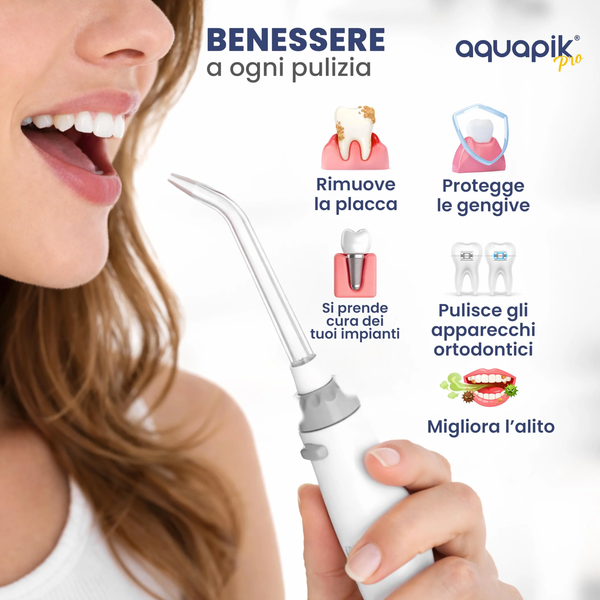 Aquapik PRO Idropulsore Dentale da Tavolo, Irrigatore Orale 600 ml con 8 Ugelli e 10 Livelli di Pressione, Ugello Rotante 360°, per Pulizia Interdentale, Apparecchi e Impianti, Bianco