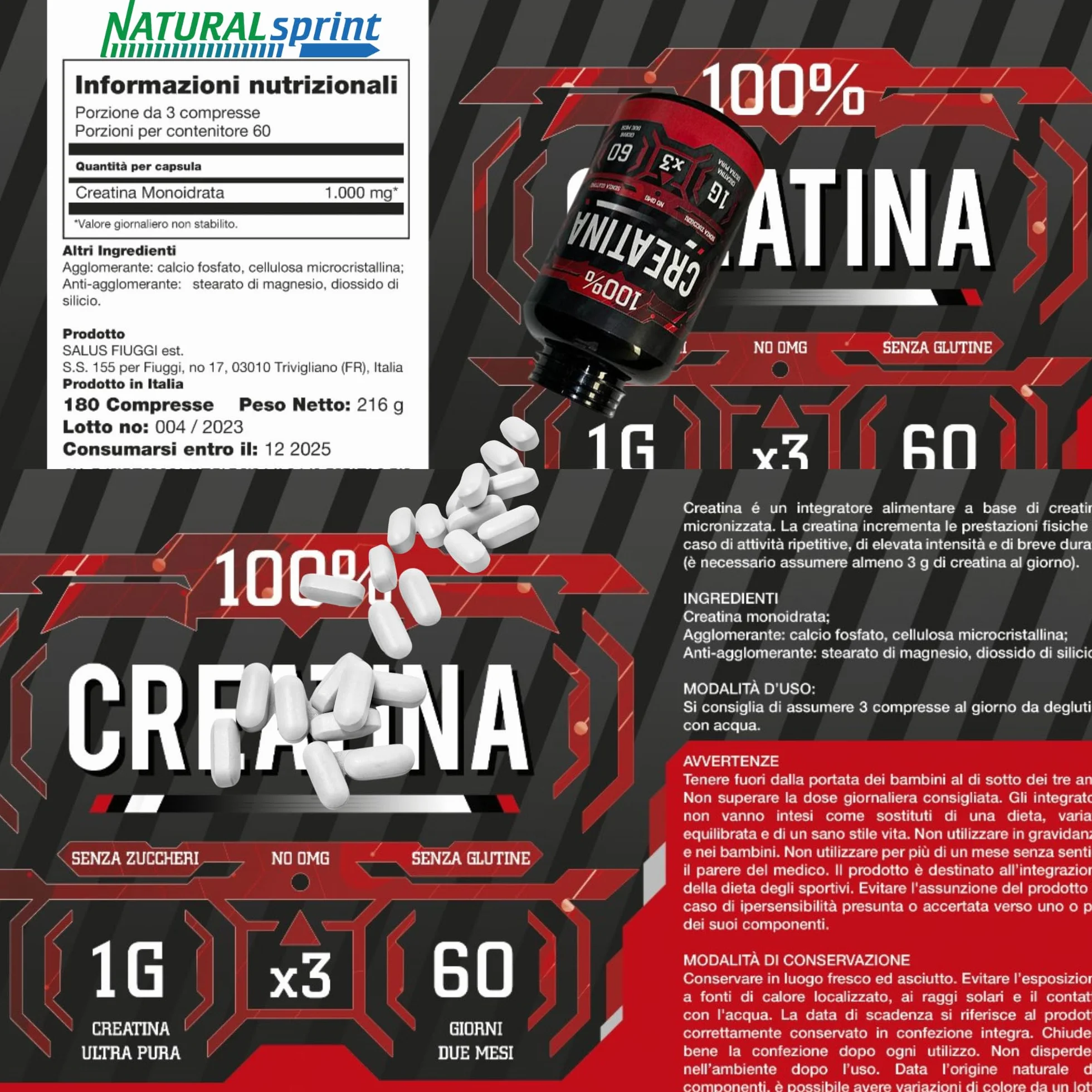 Creatina per Massa Muscolare, Monoidrata (Pura) 180 compresse; Pura Alto Dosaggio - Body Building massa muscolare boost energetico pre e post workout - Creatine Pre e Post Workout