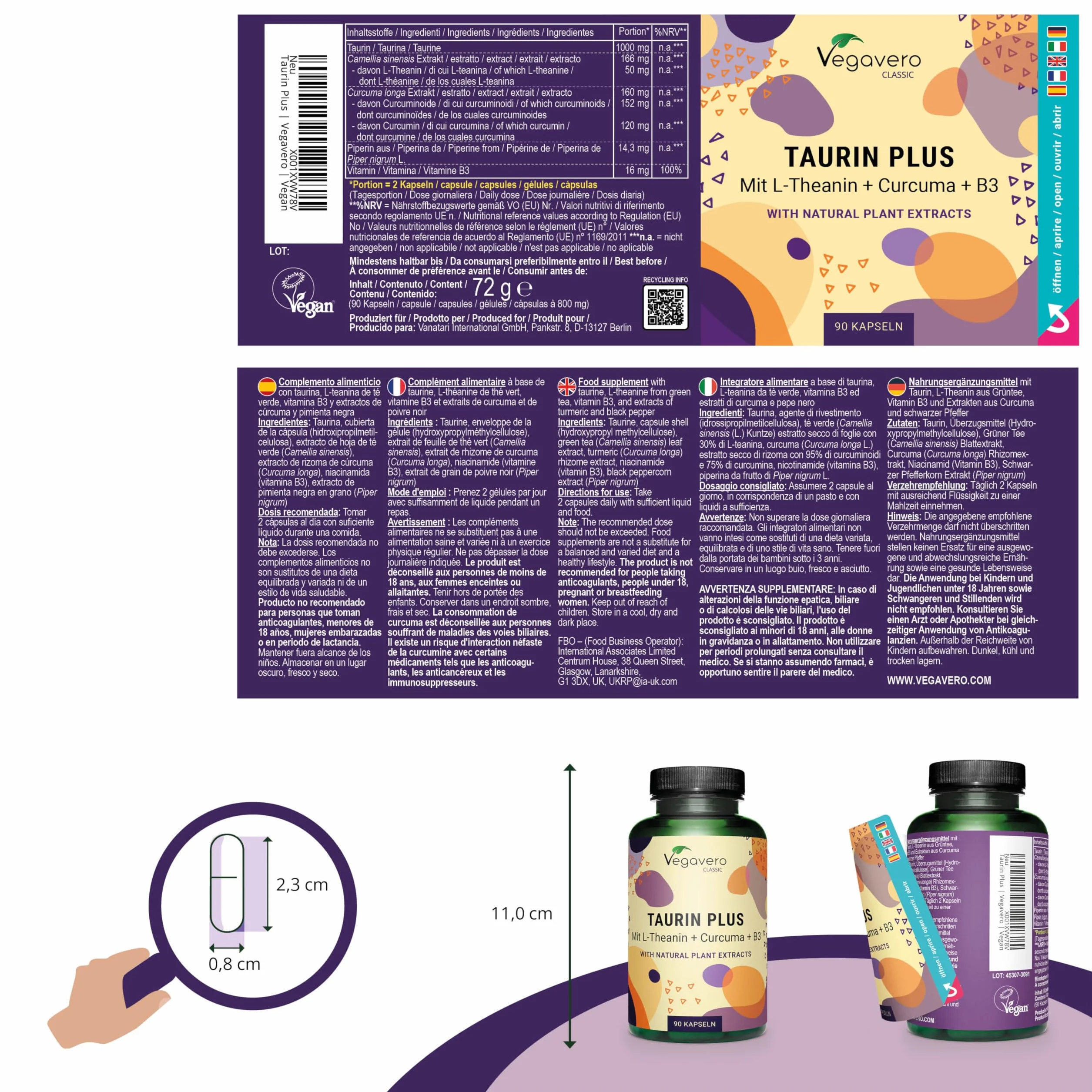 Vegavero® Taurina 1000 mg Integratori Sport Pre e Post Workout Capsule Alto Dosaggio con L-Teanina Curcuma Vitamina B3 No OGM Vegan