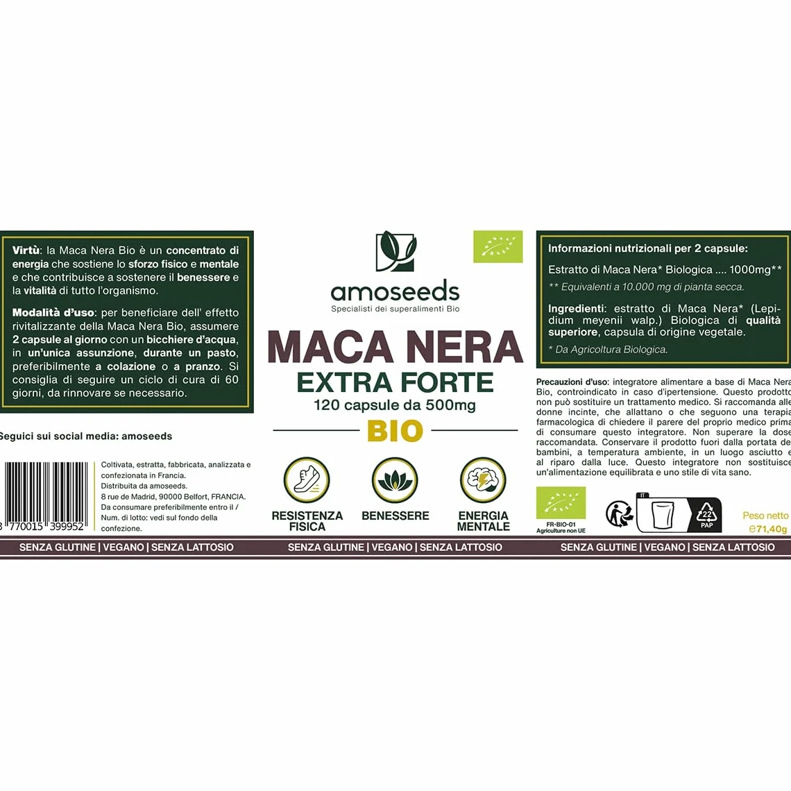 Maca Peruviana Nera BIO, 10 000mg al giorno | Estratto di radice di Qualità superiore | Equilibrio Ormonale, Energia, Benessere, | 120 Maca Capsule Vegane