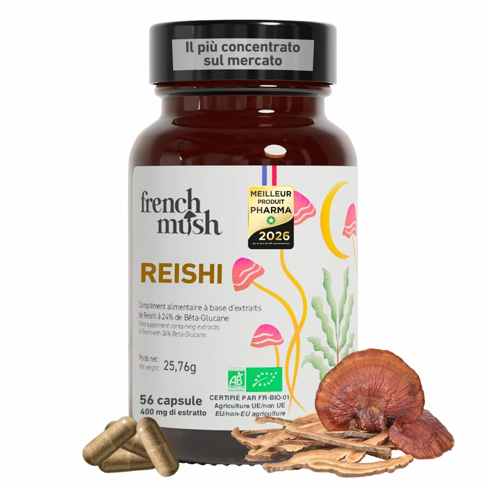 French Mush Reishi Bio 8000mg - 56 Capsule Vegane - 30% Polisaccaridi 92% Biodisponibilità - Effetto Rilassante, Sonno, Umore - Estratto di Reishi Potente - Testato in Laboratorio