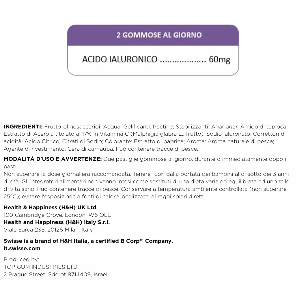 SWISSE Beauty Acido Ialuronico Gummies Integratore Donna e Uomo 40 Pastiglie Gusto Pesca Vegano