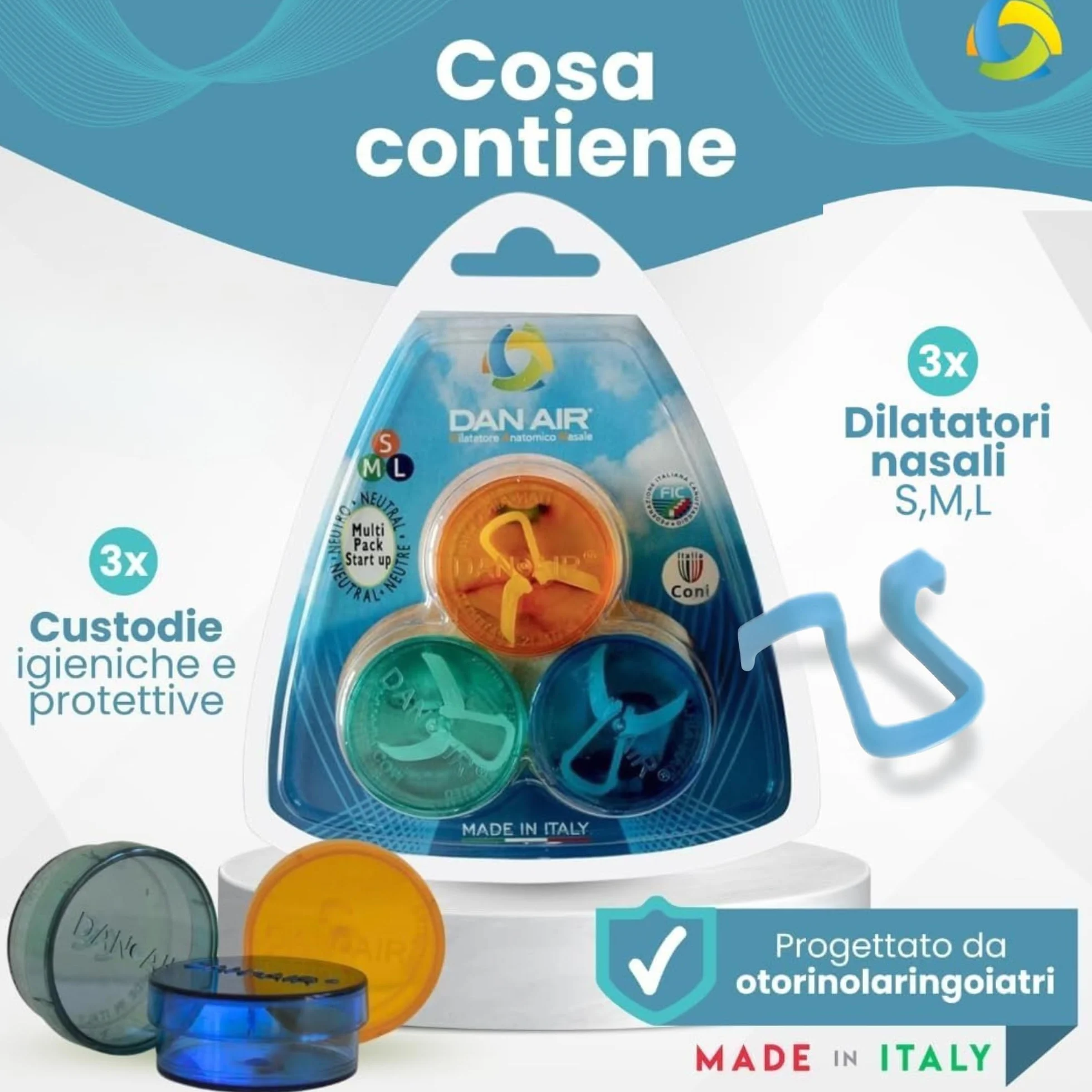 DanAir 3 Dilatatore Nasale Antirussamento Made in Italy Divaricatore Naso Sportivo Dispositivo Anti Russamento Uomo Donna Azzurro S M L