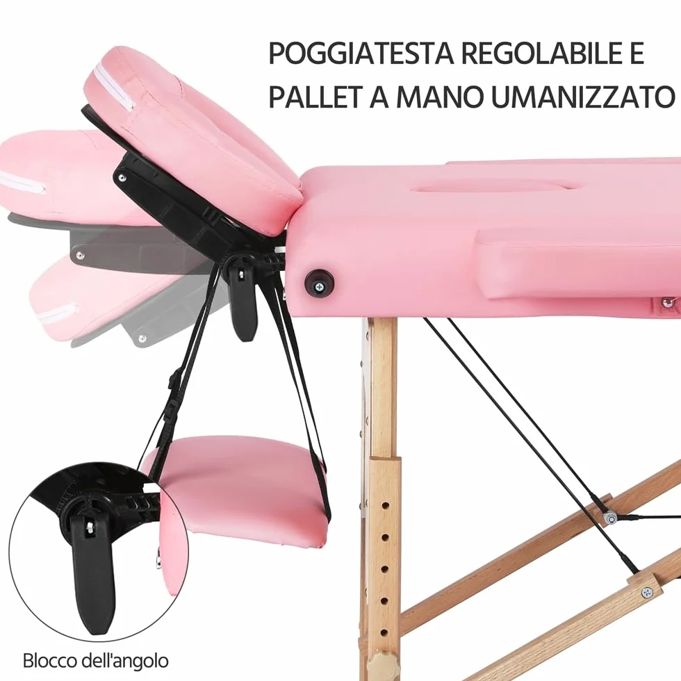 Yaheetech Lettino da Massaggio Portatile Pieghevole Legno Faggio 213 x 57 cm Altezza Regolabile Rosa