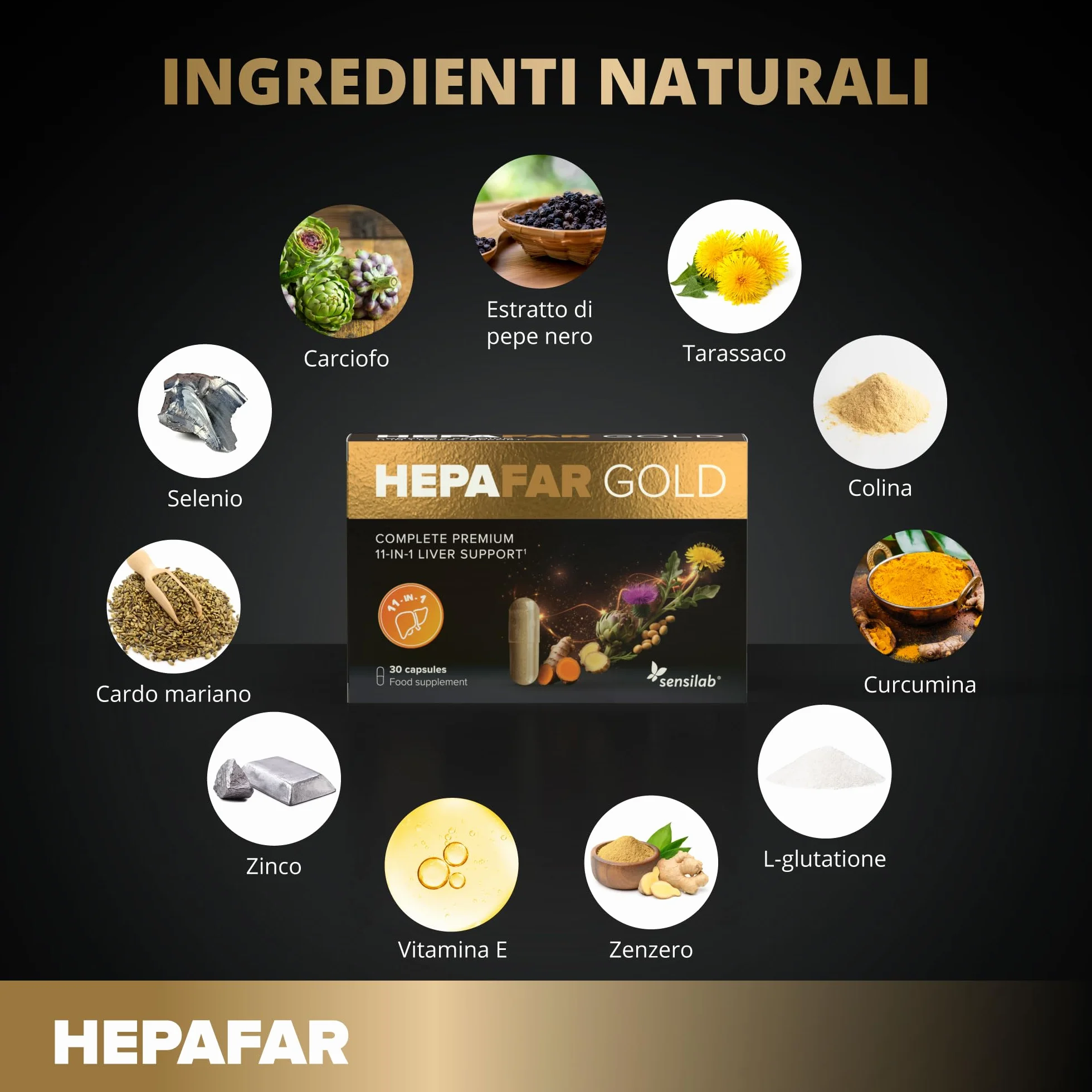 Hepafar Gold Premium Integratore per il Fegato con Glutatione, Curcuma, Cardo Mariano, 60 Capsule, Sensilab