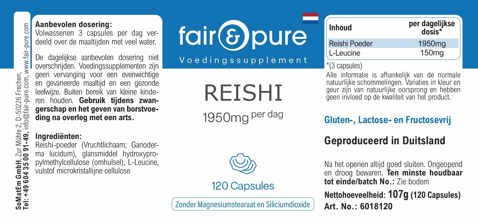 Fair & Pure® - Capsule di Reishi 1950 mg - 120 capsule - Ganoderma lucidum - Fungo medicinale - Altamente dosato - Vegano