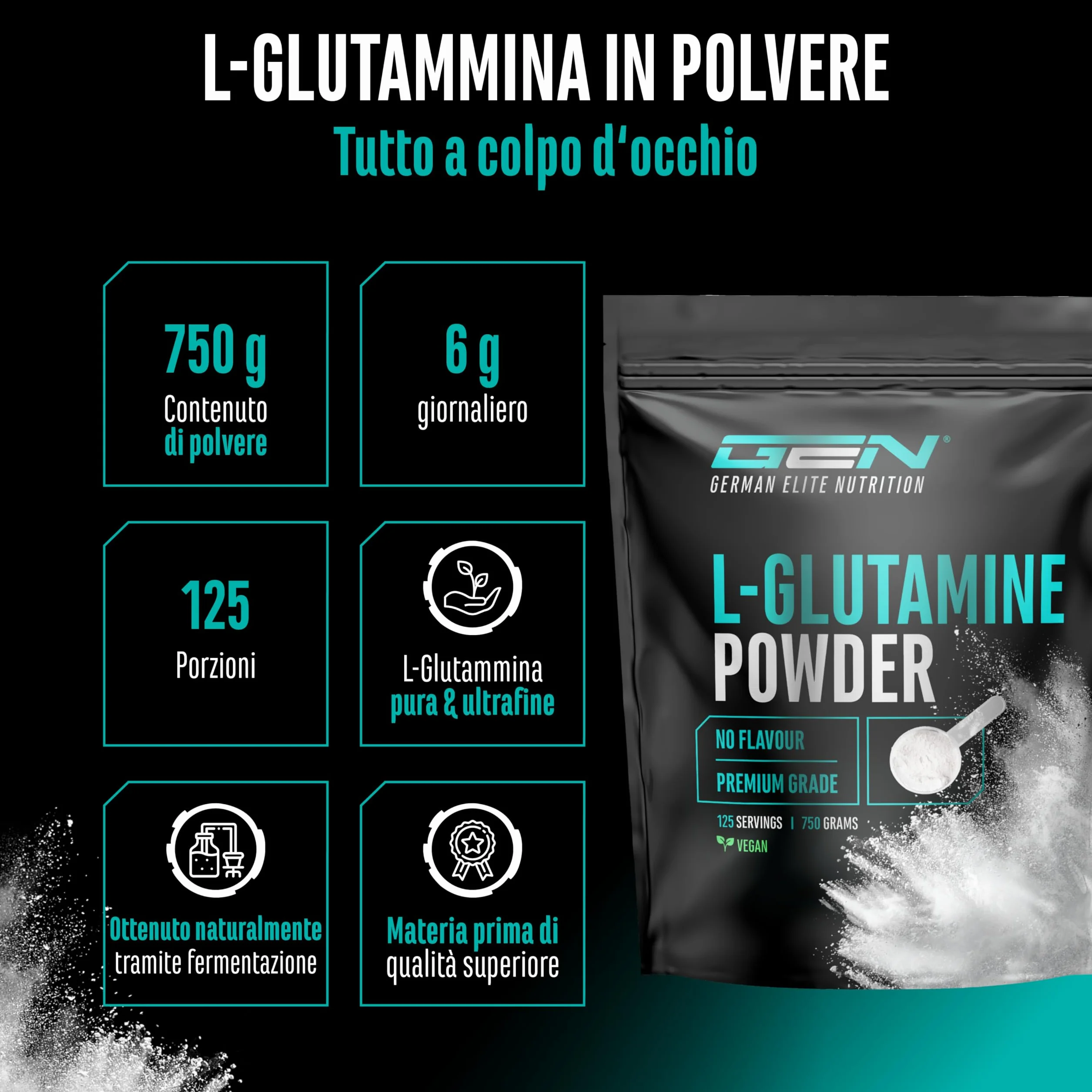 L-Glutammina in polvere - 750 g - Premium: pura e ultrafine senza additivi - 100% aminoacido L-Glutammina micronizzato - Neutro non aromatizzato - Altamente dosato - Vegan