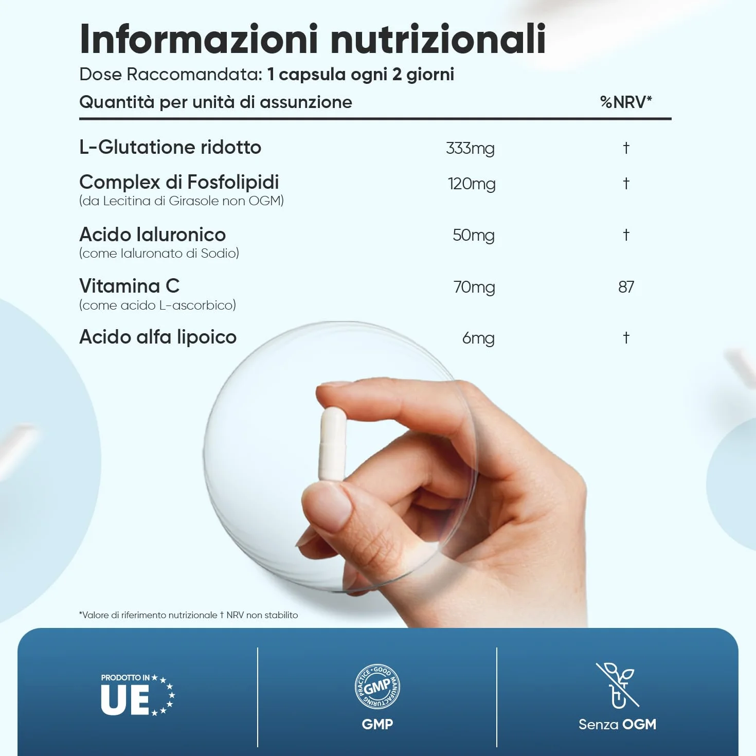 Glutatione Liposomiale Ridotto, 90 Capsule Vegane, Vitamina C, Acido Alfa Lipoico, Acido Ialuronico, La Vitamina C Contribuisce Alla Protezione Delle Cellule Dallo Stress Ossidativo (EFSA), Senza OGM