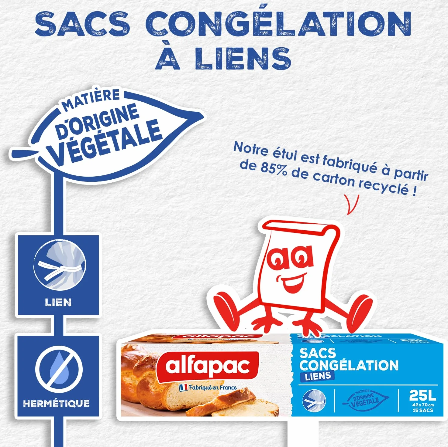 Alfapac - Set di 15 sacchetti per congelazione, materiale di origine vegetale, formato XXL, prodotto in Francia, 42 x 70 cm