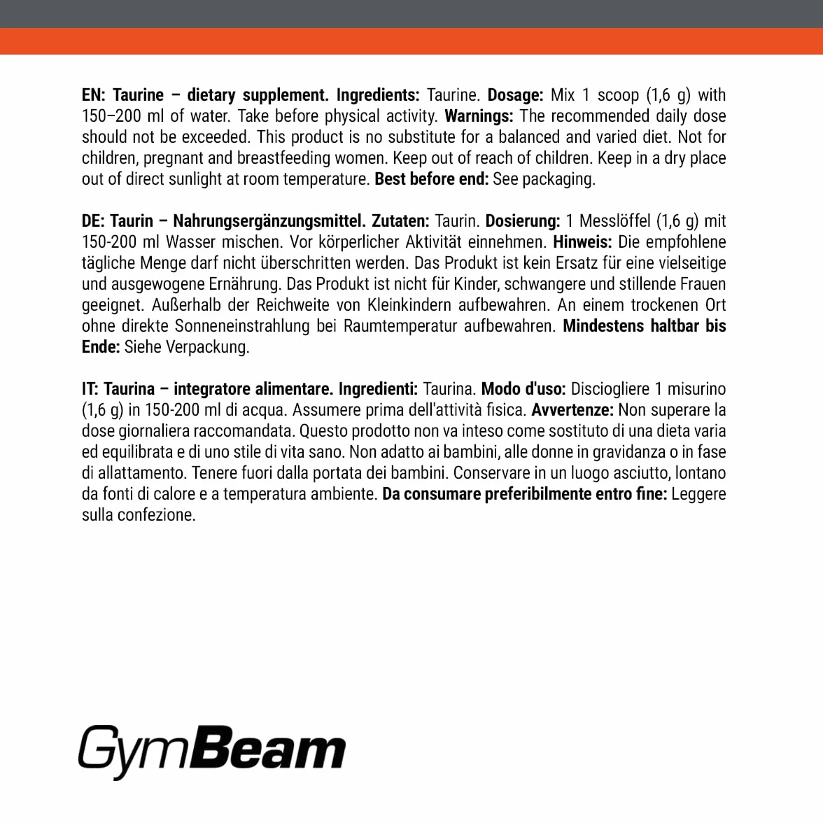 GymBeam Taurina Integratore Polvere Solubile Pura 100% per Bevande Energetiche Pre-Workout Vegani Atleti (500 g)