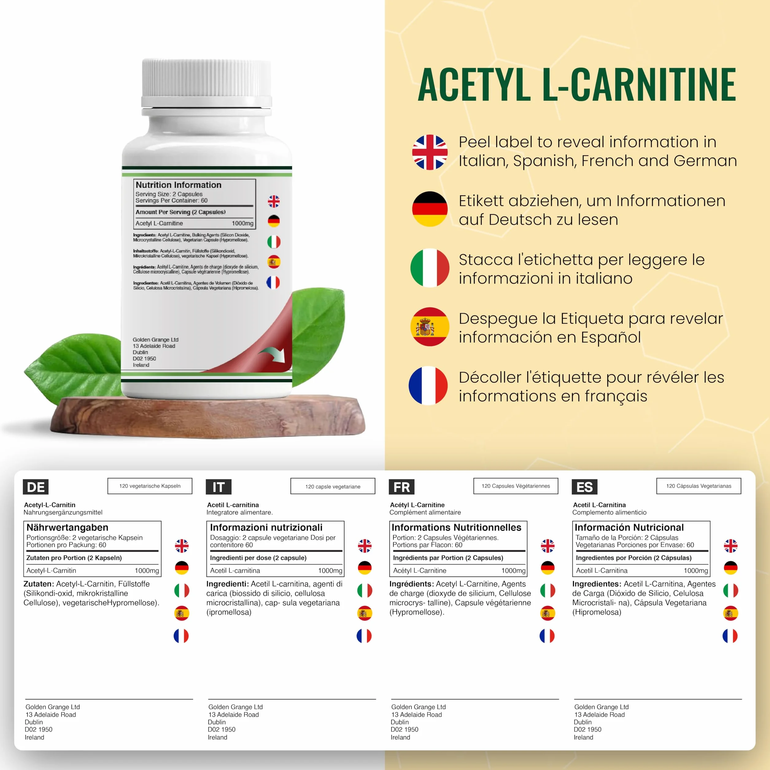 DW Acetil L-Carnitina Capsule 120 Integratori Alta Potenza 1000 mg per Dose Non-OGM senza Glutine