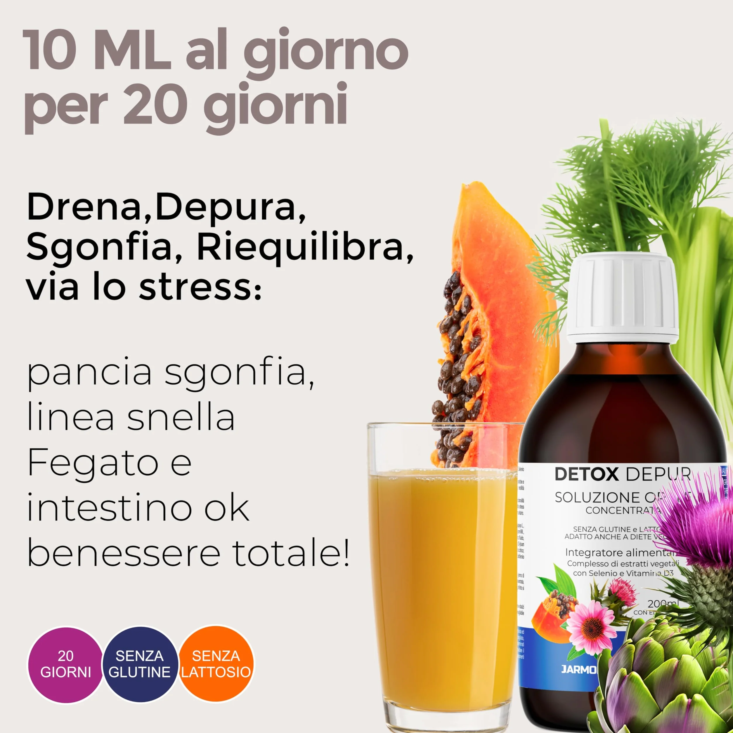 Detox Fegato e Intestino Depur Liquido 200 ml Drenante Naturale con Cardo Mariano Carciofo Finocchio Echinacea Papaia Selenio Vitamina D3