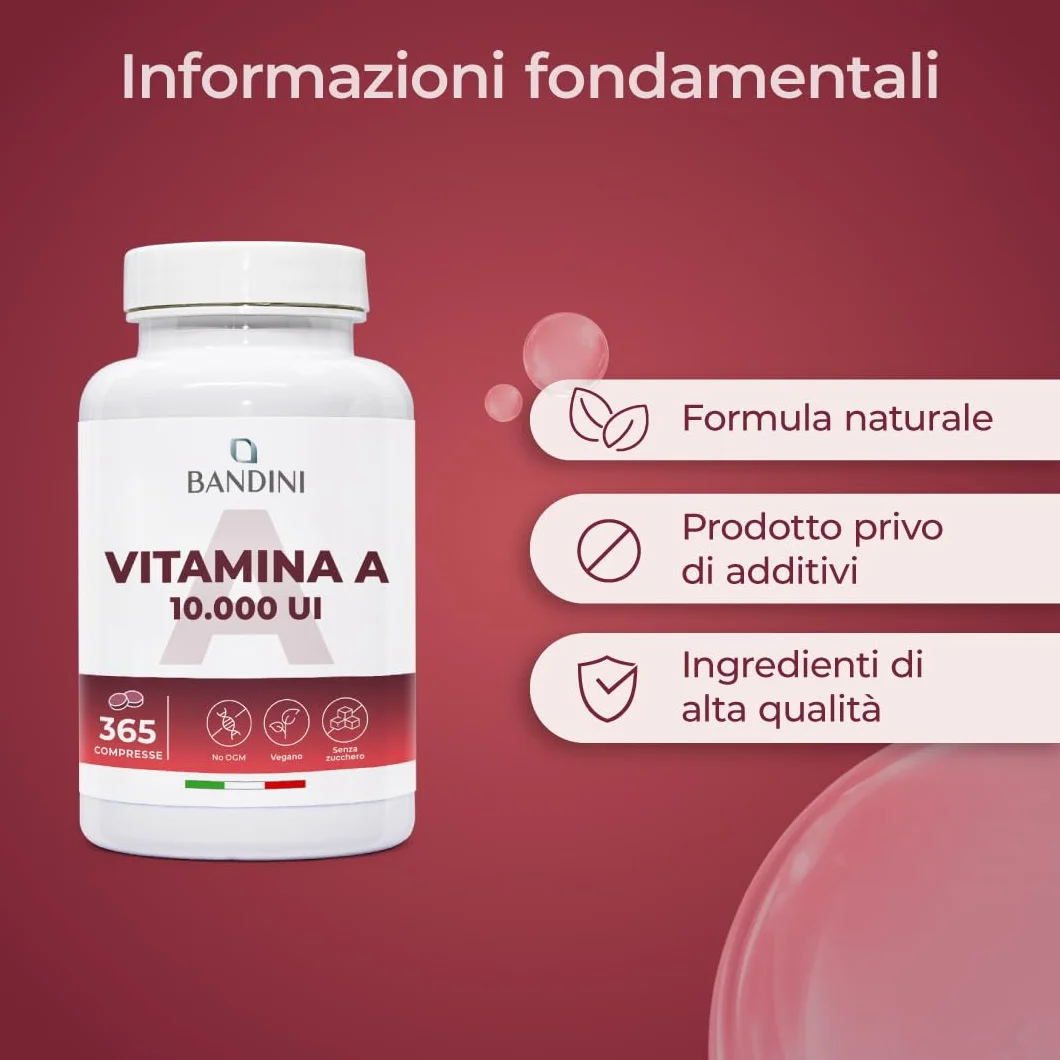 Bandini® Vitamina A Pura, 365 Microcompresse Vegane (1+ Anno di fornitura), Contribuisce al Mantenimento di Pelle e Vista Normali, Acetato di Retinile, Alternativa a Vitamina A Gocce, No OGM