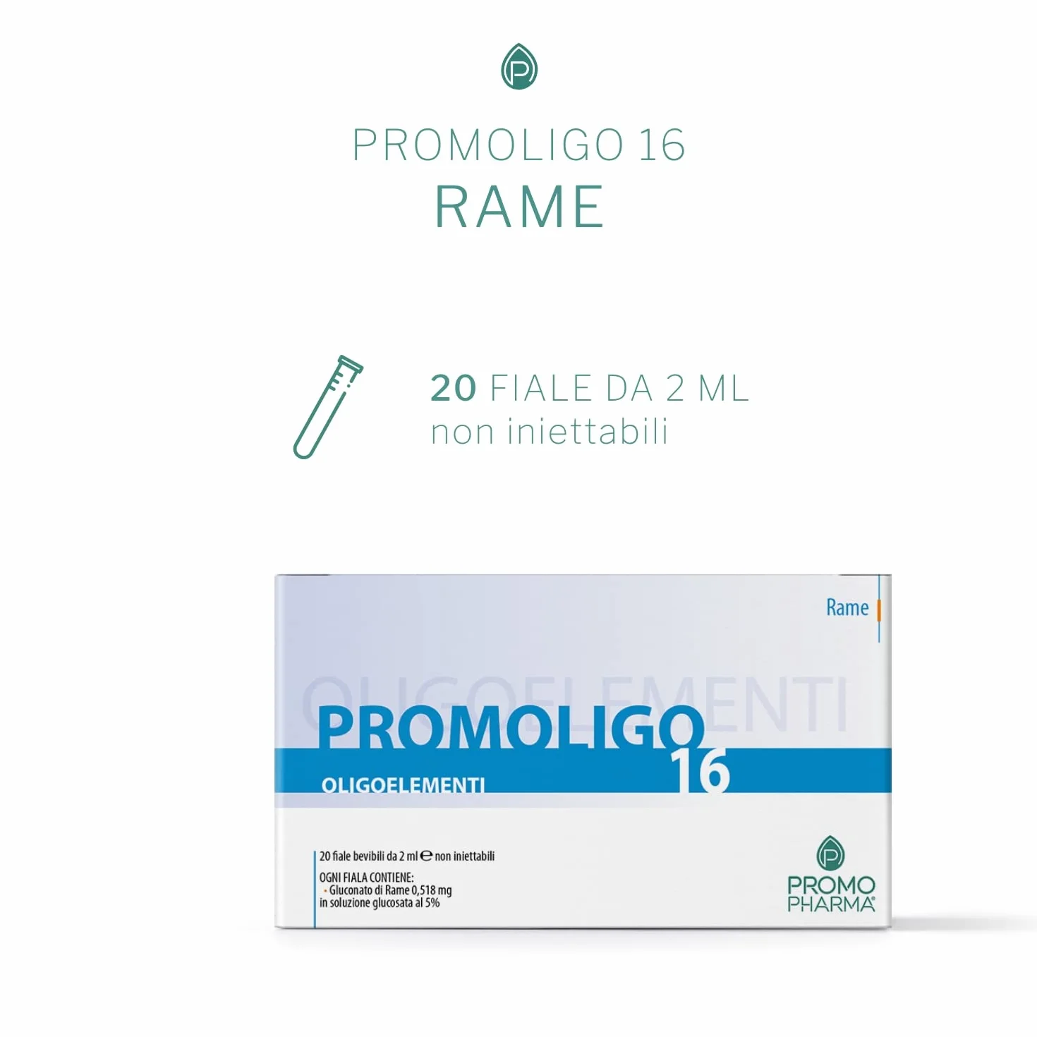 Promoligo 16 - Rame - Integratore Alimentare, Oligoelementi Essenziali - Rame, per le difese dell'organismo - senza glutine - 20 fiale da 2 ml