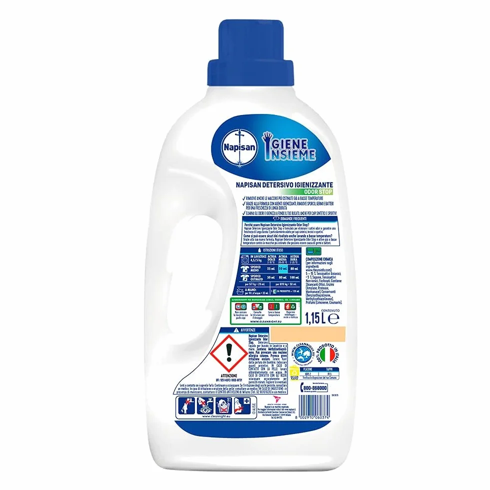 Napisan Detersivo Lavatrice Liquido Igienizzante Odorstop, 4 Confezioni da 1.15 l da 23 Lavaggi di Detersivo Lavatrice Liquido