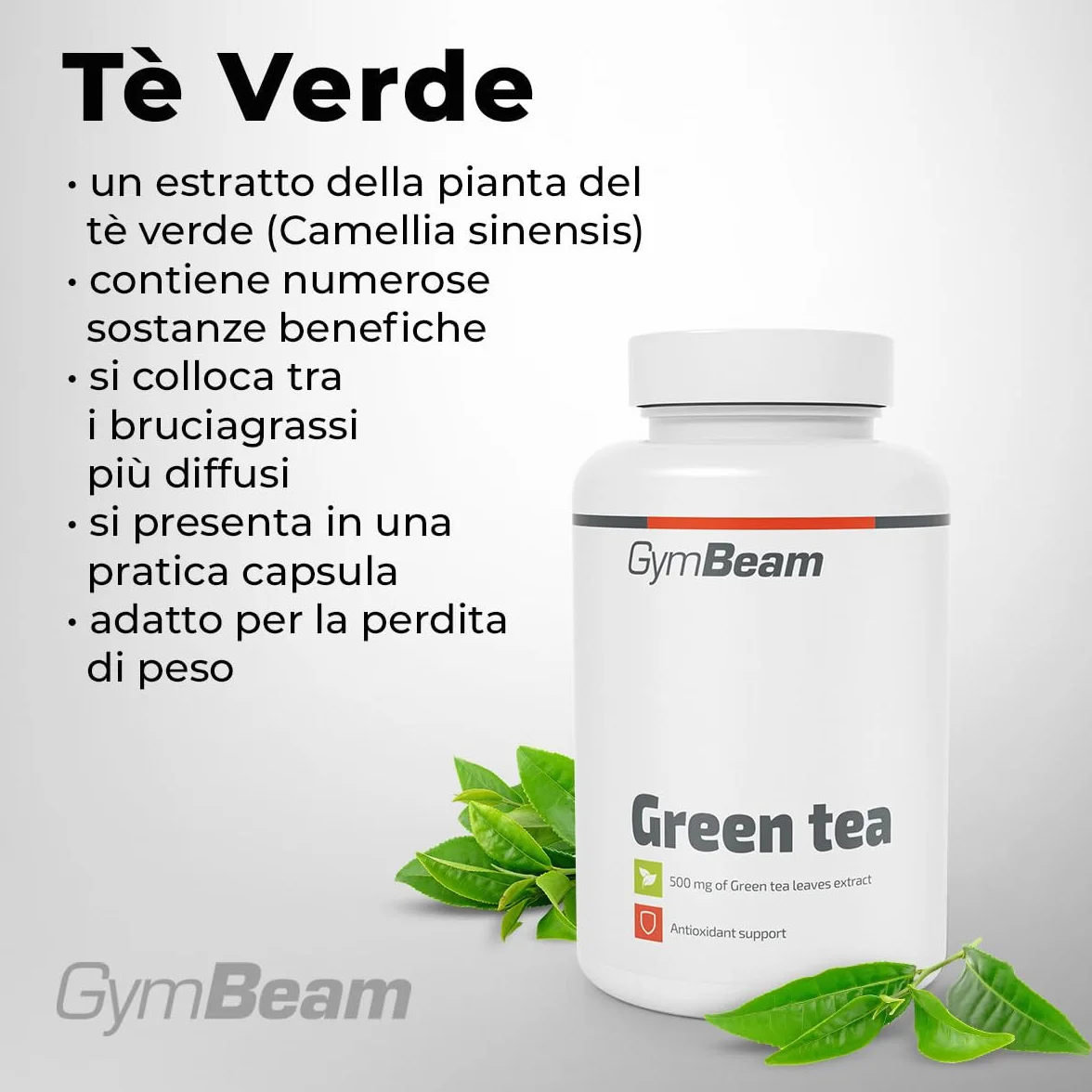 GymBeam Tè Verde - 500 mg - Integratore Naturale in Capsule con EGCG e Caffeina, Estratto 20:1 per Metabolismo, Controllo del Peso e Energia (120 cps)
