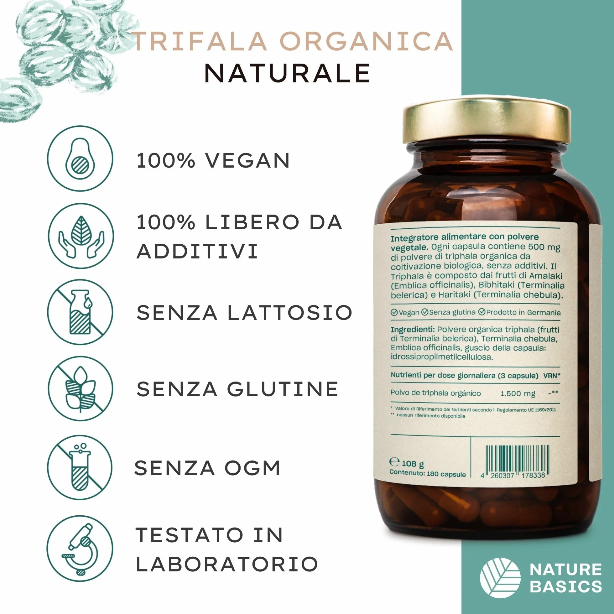 Nature Basics® BIO Triphala capsule certificate e in barattolo | Triphala ayurvedica altamente dosata con 1.500 mg per dose giornaliera | 180 capsule testate in laboratorio e provenienti da DE