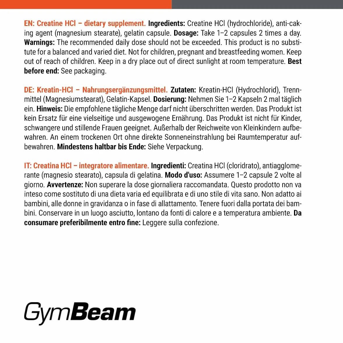 GymBeam Creatina Capsule HCL, Creatina Cloridrato, Eccellente Praticitá, Aumenta Le Prestazioni Fisiche, Adatta per Atleti di Forza e Resistenza, Migliora Prestazioni Sportive, Formato in Capsula