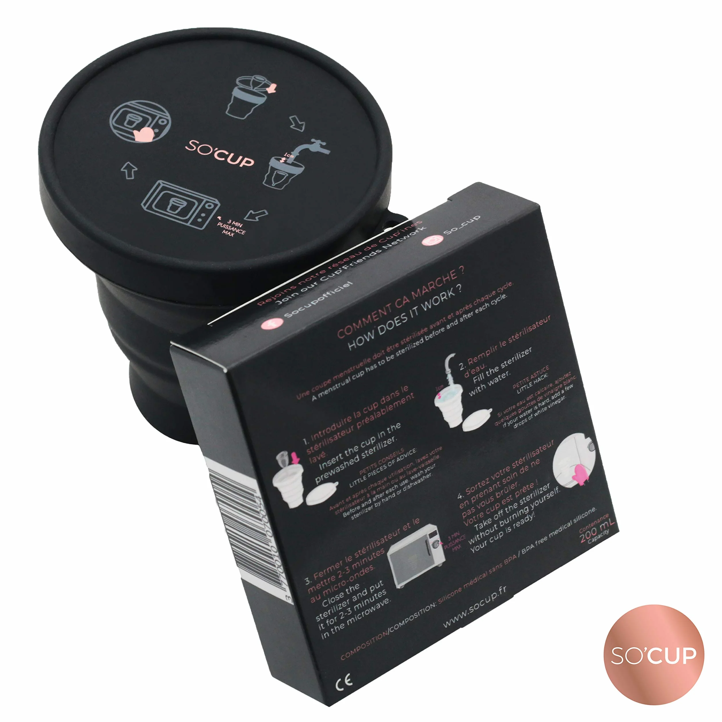 SO CUP Sterilizzatore Pieghevole e Scatola di Immagazzinaggio per tutti i tipi di Coppetta Mestruale, Menstrual Cup - 100% Silicone Medico - Istruzioni per l'Uso Incluse
