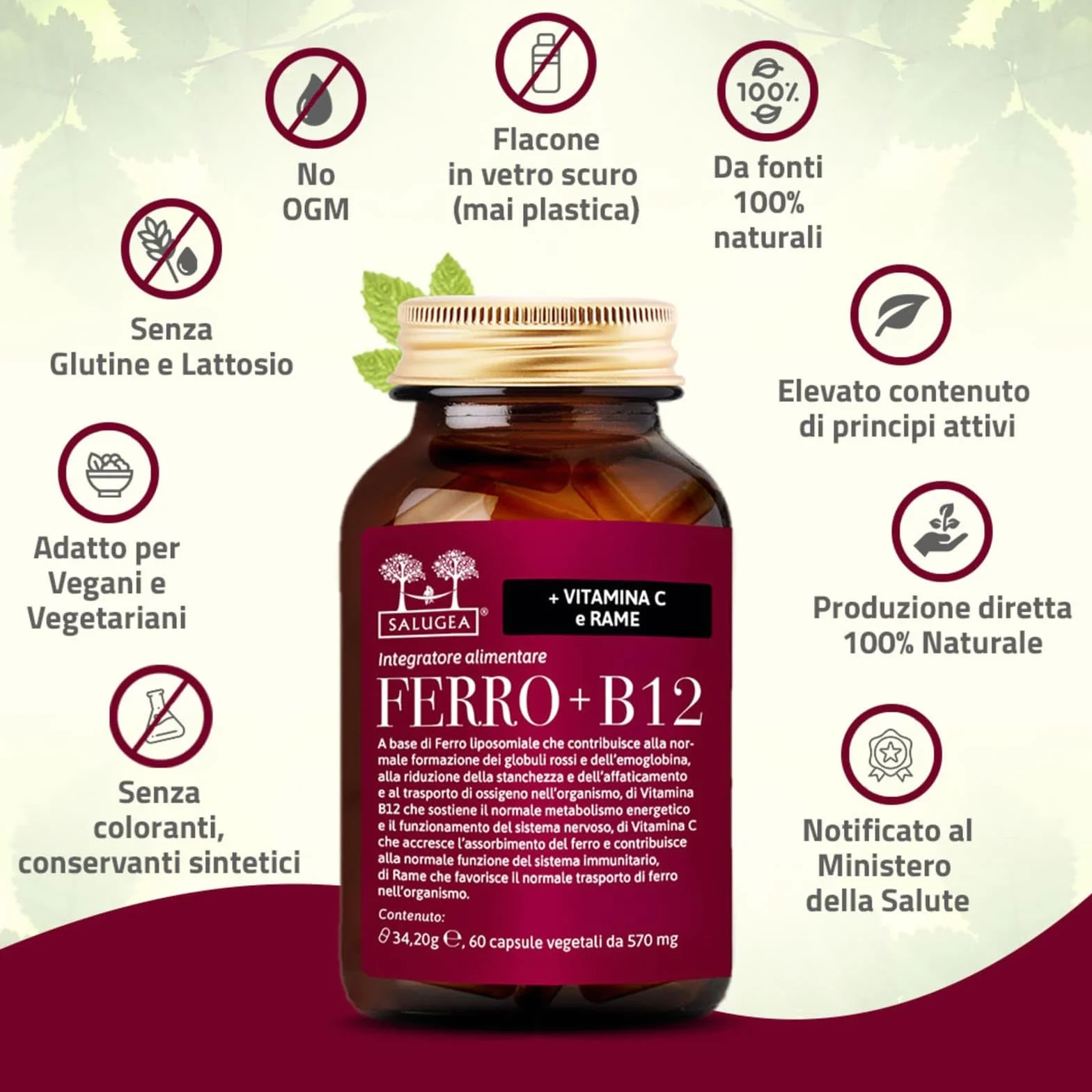 Salugea FERRO + B12 Salugea - Integratore 100% Naturale - Con Ferro liposomiale, Vitamina B12, Rosa Canina (Vitamina C) e Rame - 60 Capsule Vegetali in Flacone in vetro scuro farmaceutico