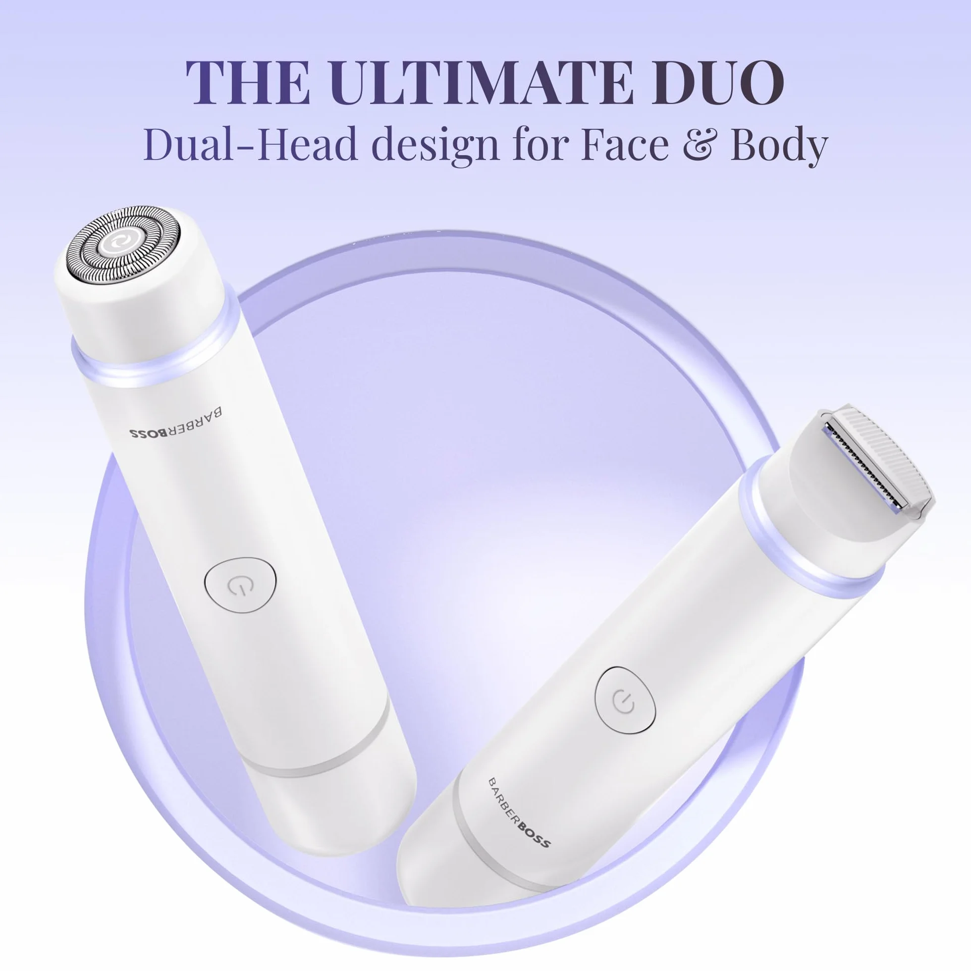 BarberBoss Rasoio da donna 2 in 1, kit per la rimozione dei peli del viso e del bikini, con luce di precisione, set da viaggio ricaricabile (Bianco)