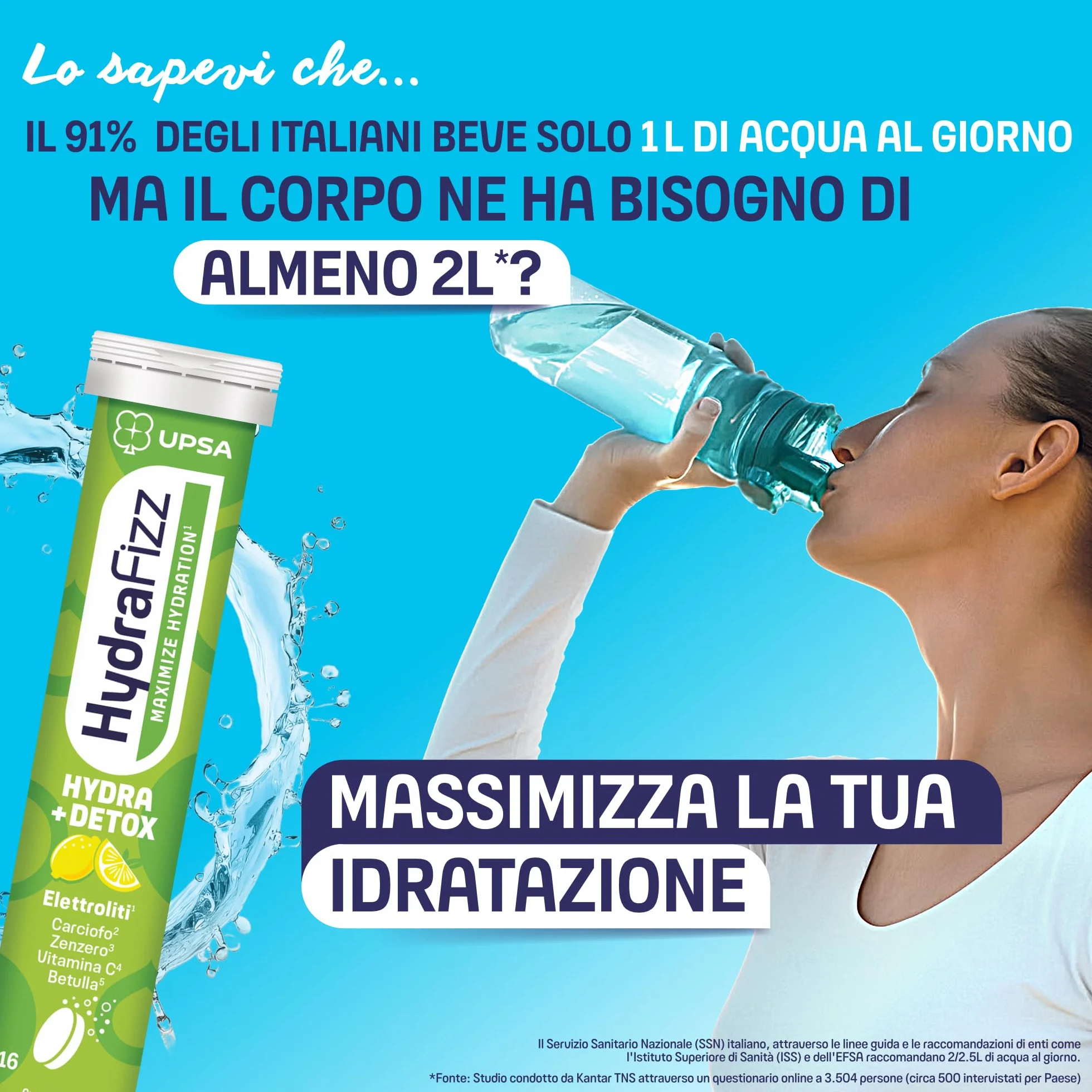 UPSA Hydrafizz Detox 16 Compresse Effervescenti Integratore Alimentare con Elettroliti Carciofo Zenzero Gusto Limone