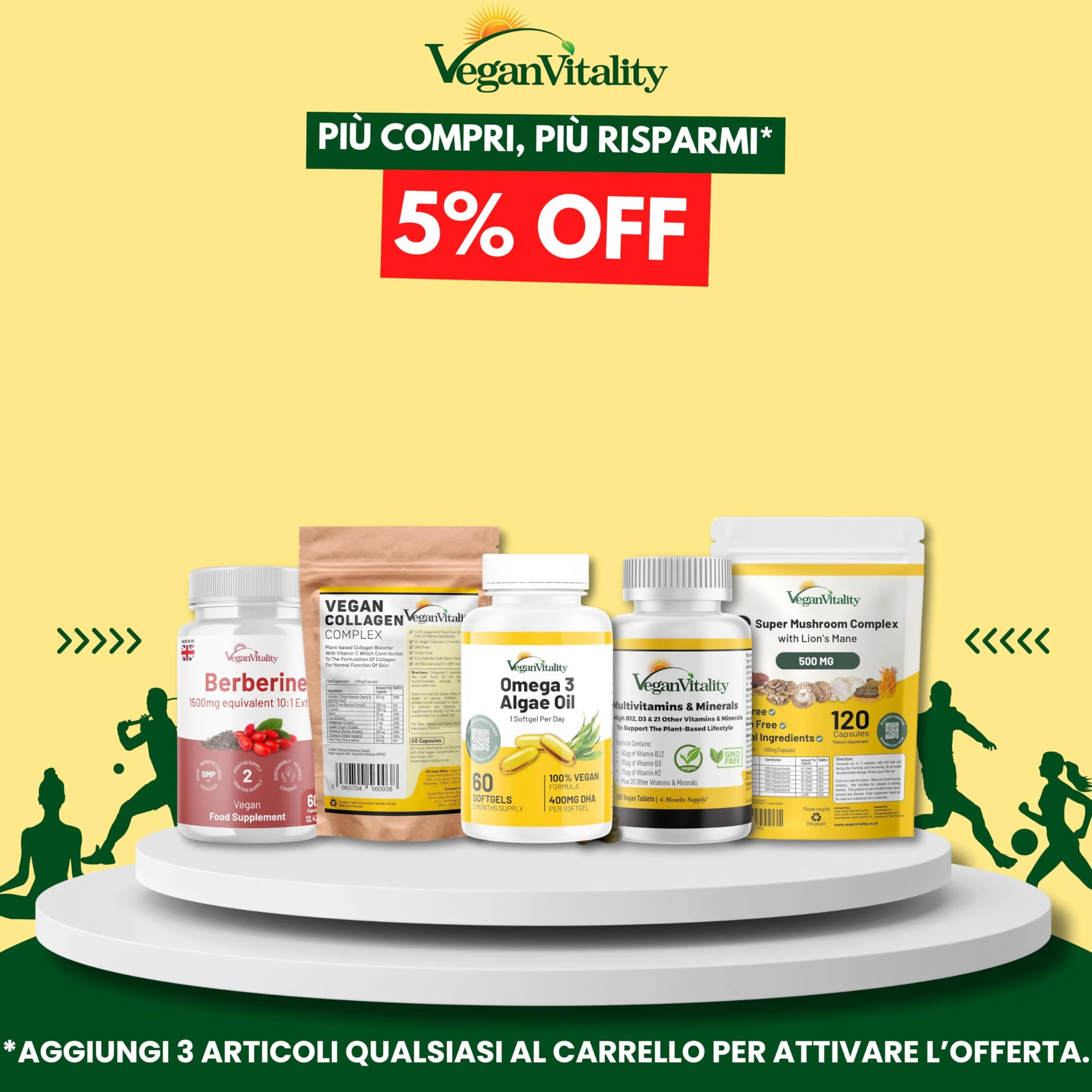 Vegan Vitality Integratore di 6 Funghi: Reishi, Lions Mane, Cordyceps, Chaga, Shiitake e Maitake - 120 Capsule da 500mg – Formula Concentrata