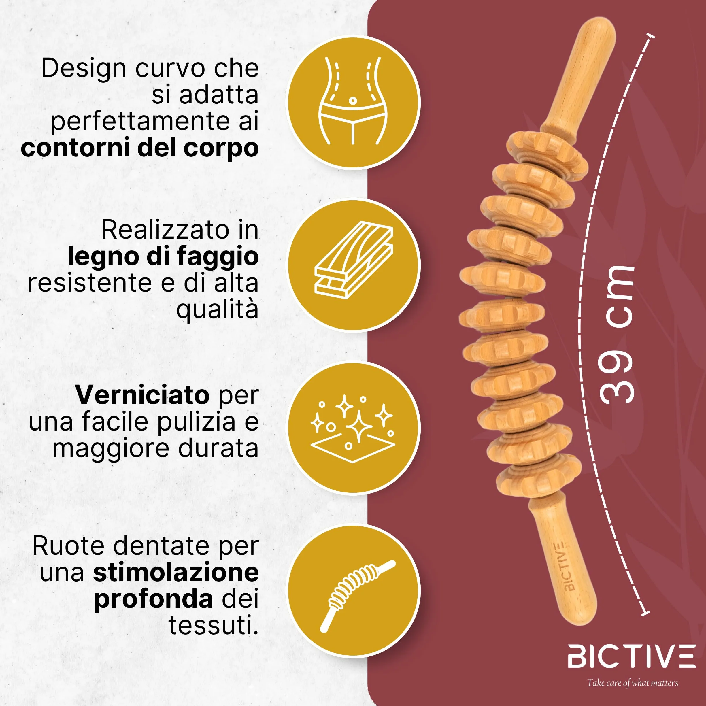 Rullo di Massaggio per Cellulite in Legno di Faggio con Sacchetto