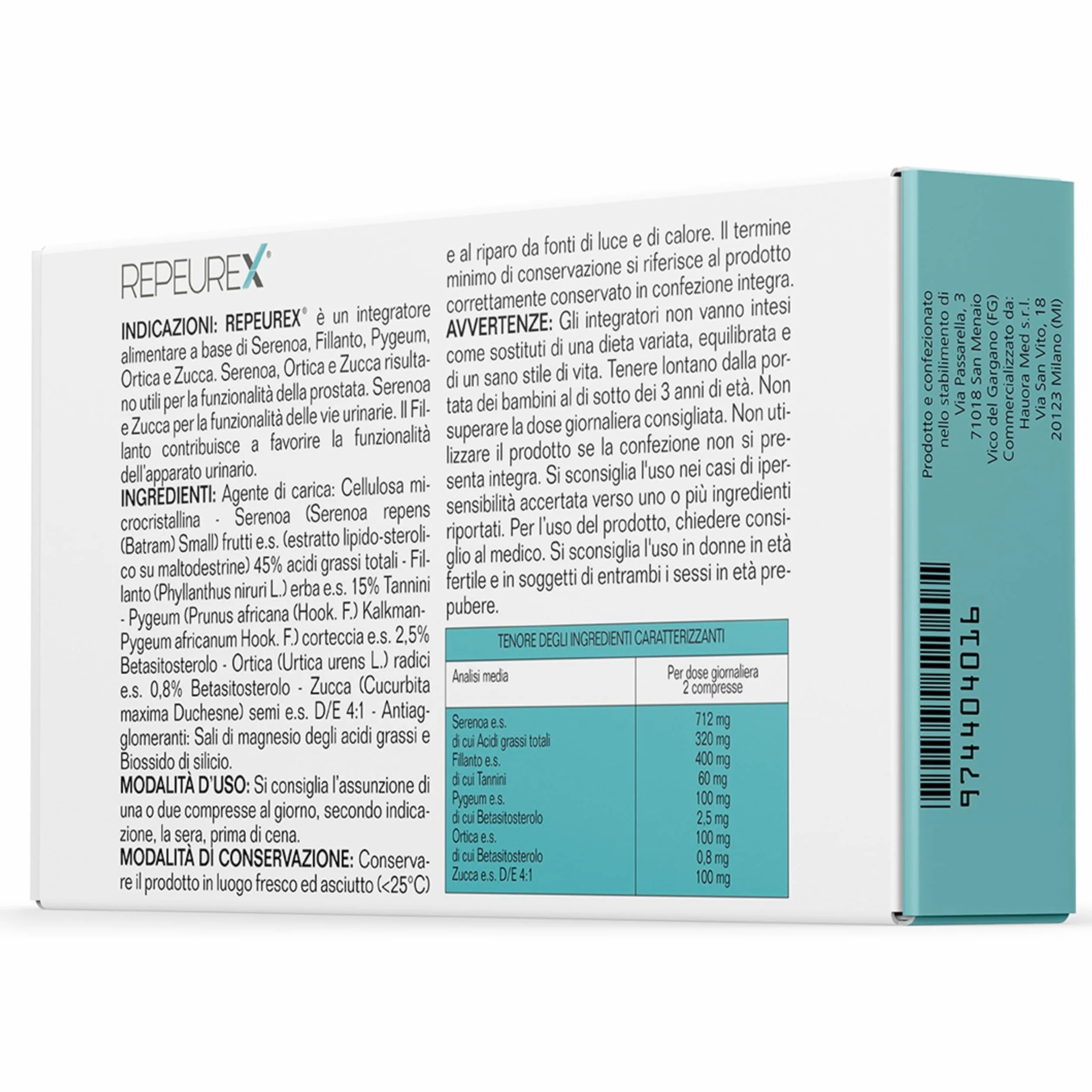 HauoraMed Repeurex Serenoa Repens Prostata Integratore Vie Urinarie 30 Compresse 1,1g Saw Palmetto Fillanto Pygeum Ortica Zucca