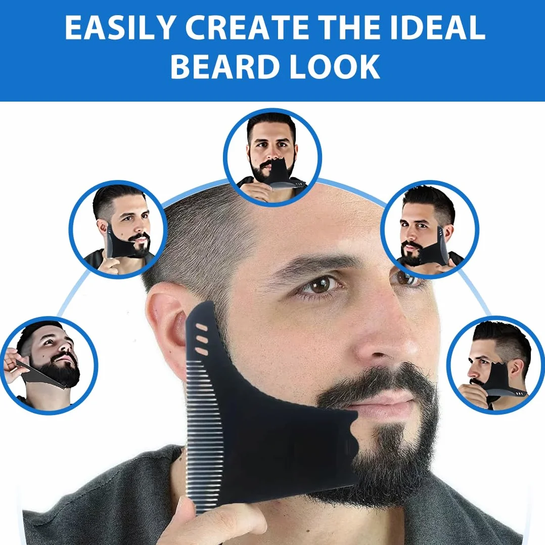 Set di Accessori per Barba:2 Pezzi Stencil Pettine per Barba Uomo+Con 1 Pezzo di Stoffa Bianca,Spazzola da Barba,Regalo da Uomo per il Parrucchiere(Nero)