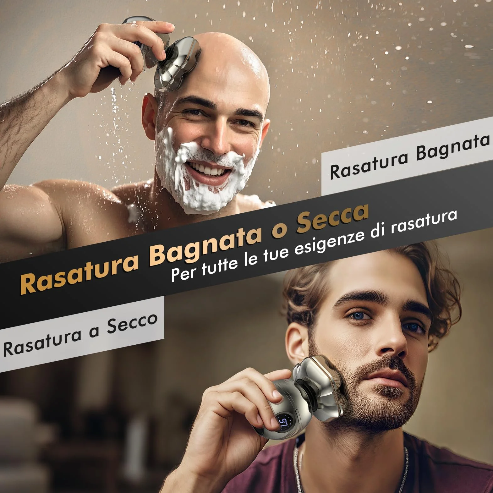 Rasoio Testa Calva Zero Assoluto 7D Magnetici Rimovibile 6 in 1 Impermeabile IP67 Display LED