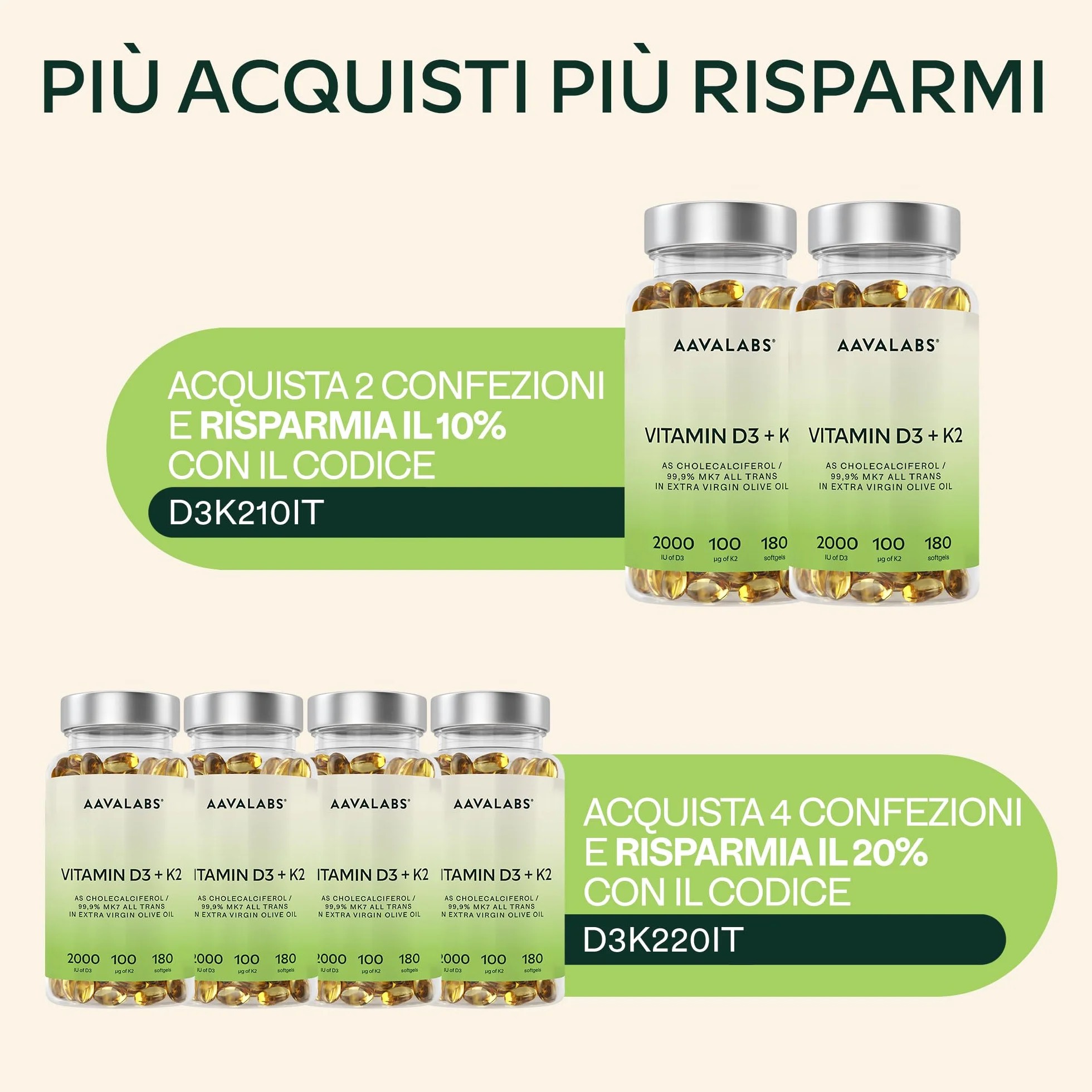 Vitamina D3 K2 2000 UI + MK7 100 μg Olio Extravergine d'Oliva 180 Capsule