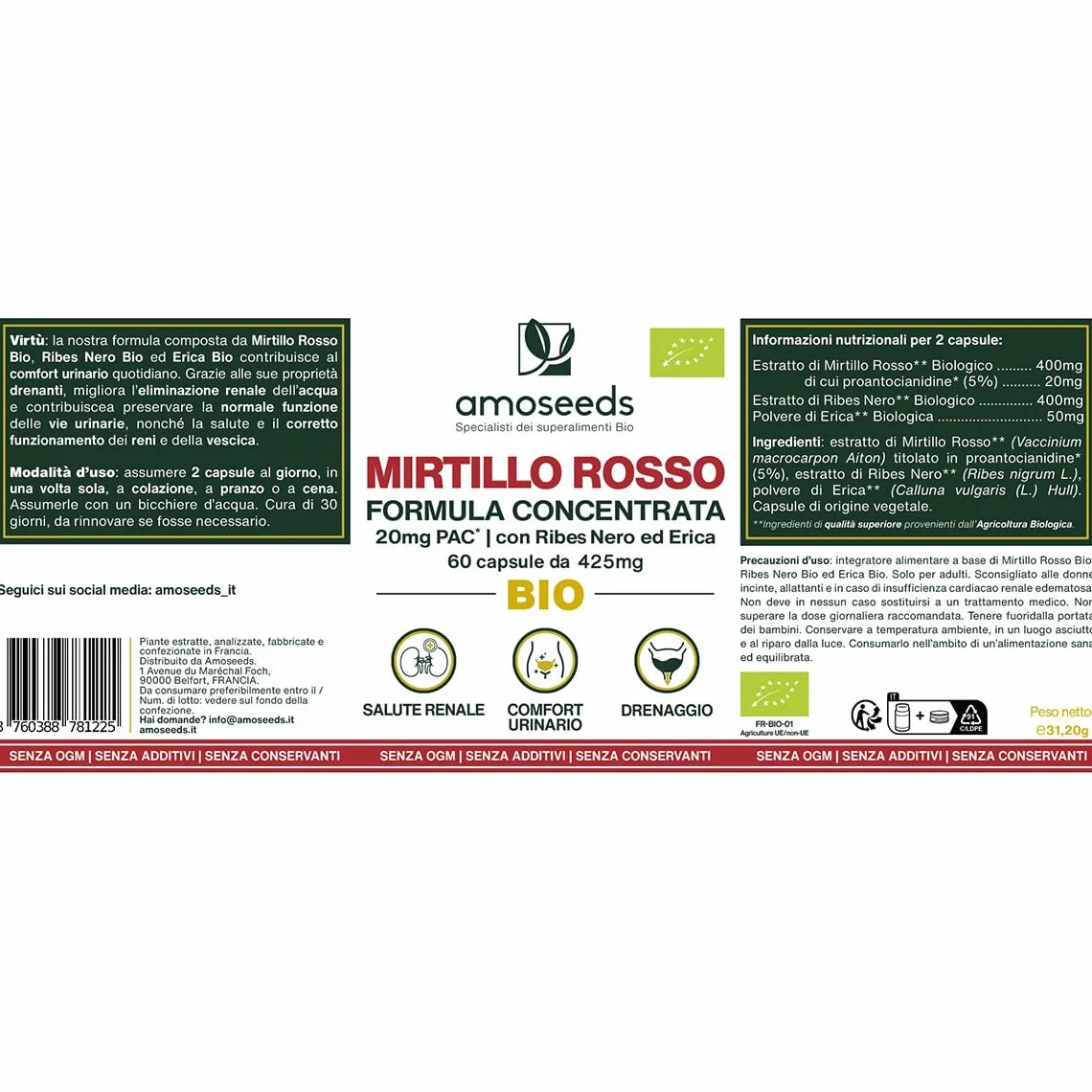 Mirtillo Rosso BIO | 5% PAC, Estratto ad Alta Concentrazione | Comfort Urinario, Reni, Vescica | Formula con Ribes Nero e Erica Bio | 60 capsule | Qualità Superiore