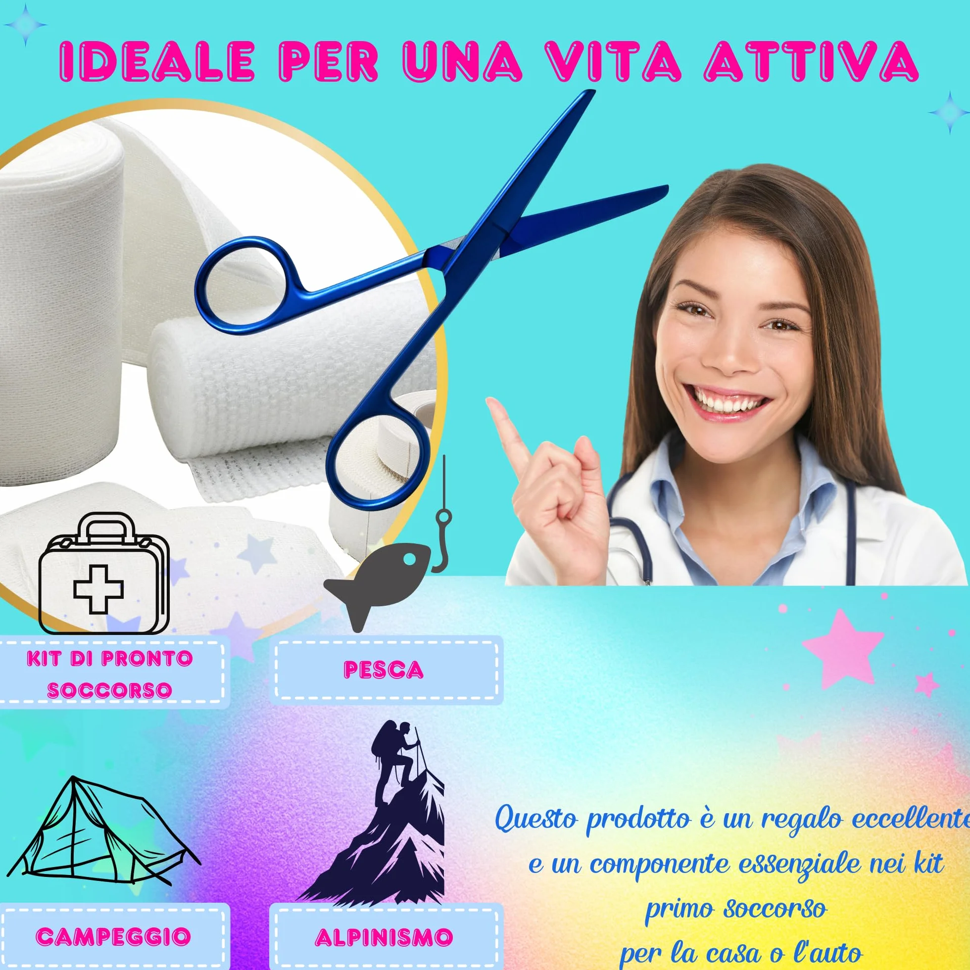 YUME Forbici da Infermiere in Acciaio Inox Punta Arrotondata Professionali Mayo con Portachiavi Retrattile (AZUL)
