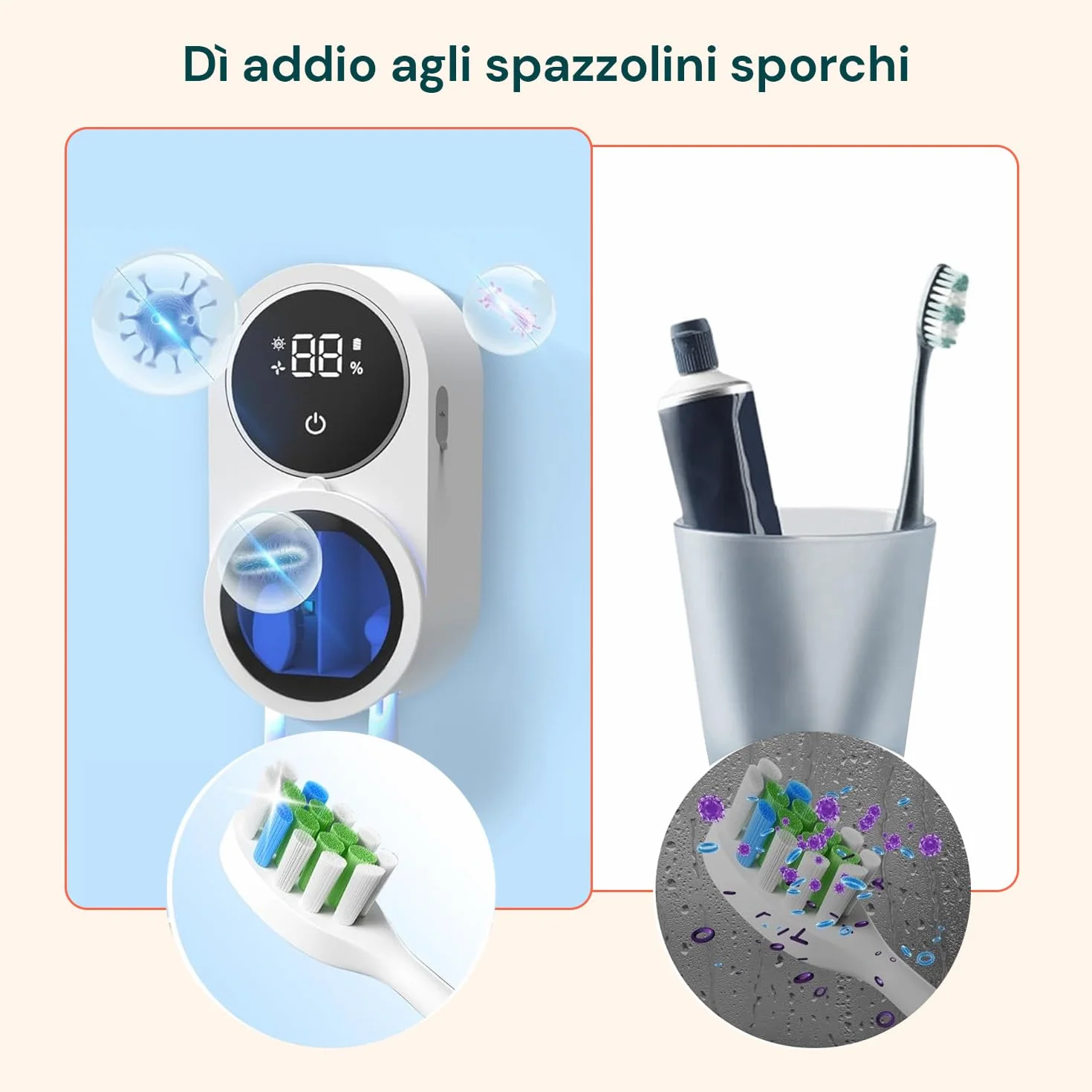 Avilia Sterilizzatore Spazzolini da Parete UV-C con Sensore Infrarossi e Display LED - Asciugatura Automatica e Ricarica USB - Porta Spazzolino Antibatterico per Spazzolini Manuali ed Elettrici