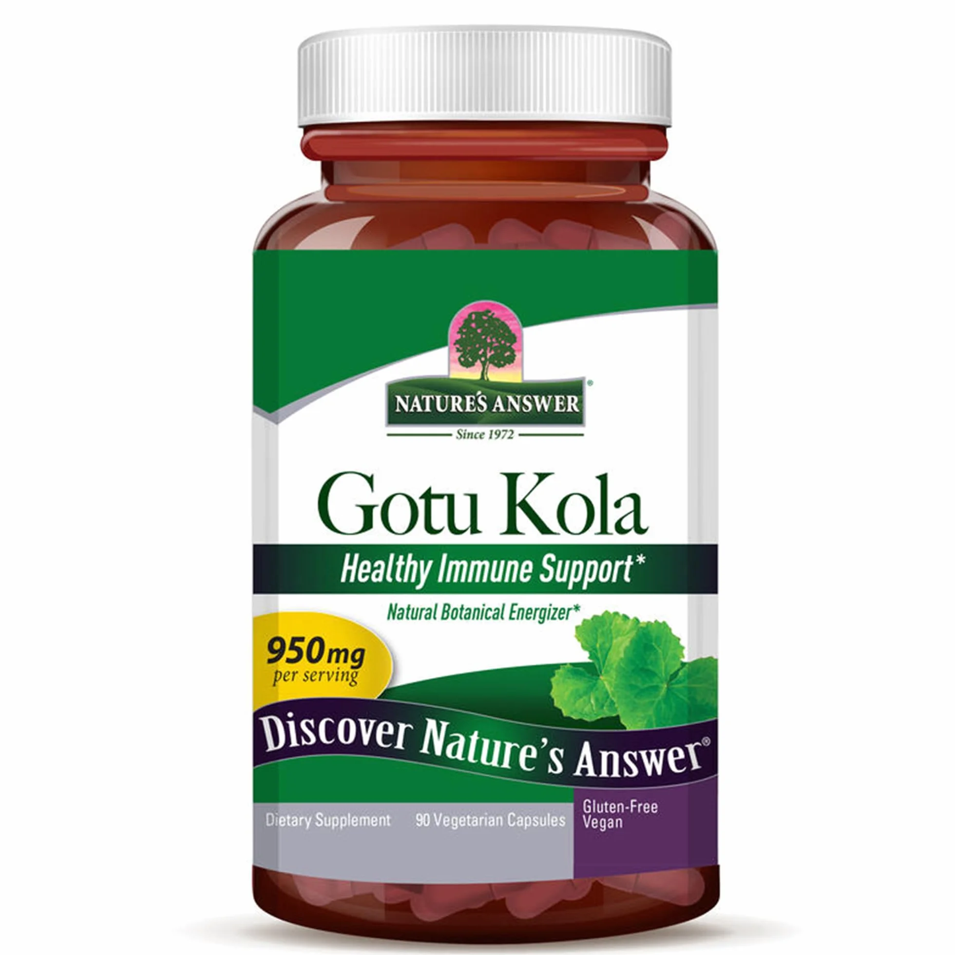 Nature's Answer Gotu Kola 950mg 90 Capsule vegane Testato in Laboratorio Senza Glutine Senza Soia