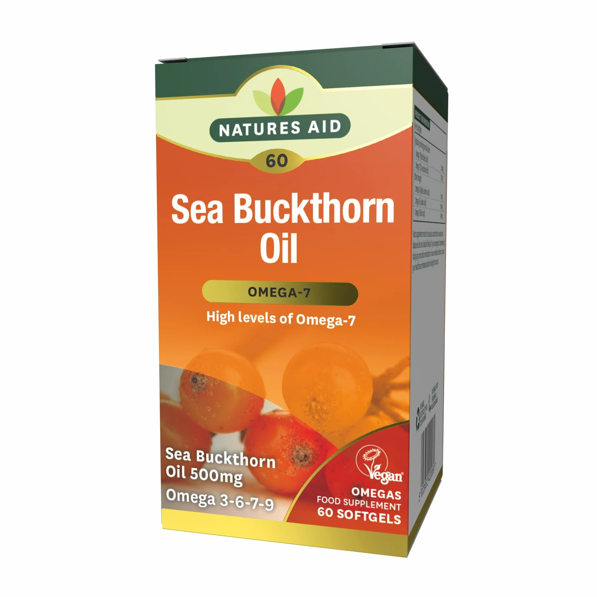Natures Aid Omega-7 Sea Buckthorn Oil 500mg 60 Vegetarian Softgels