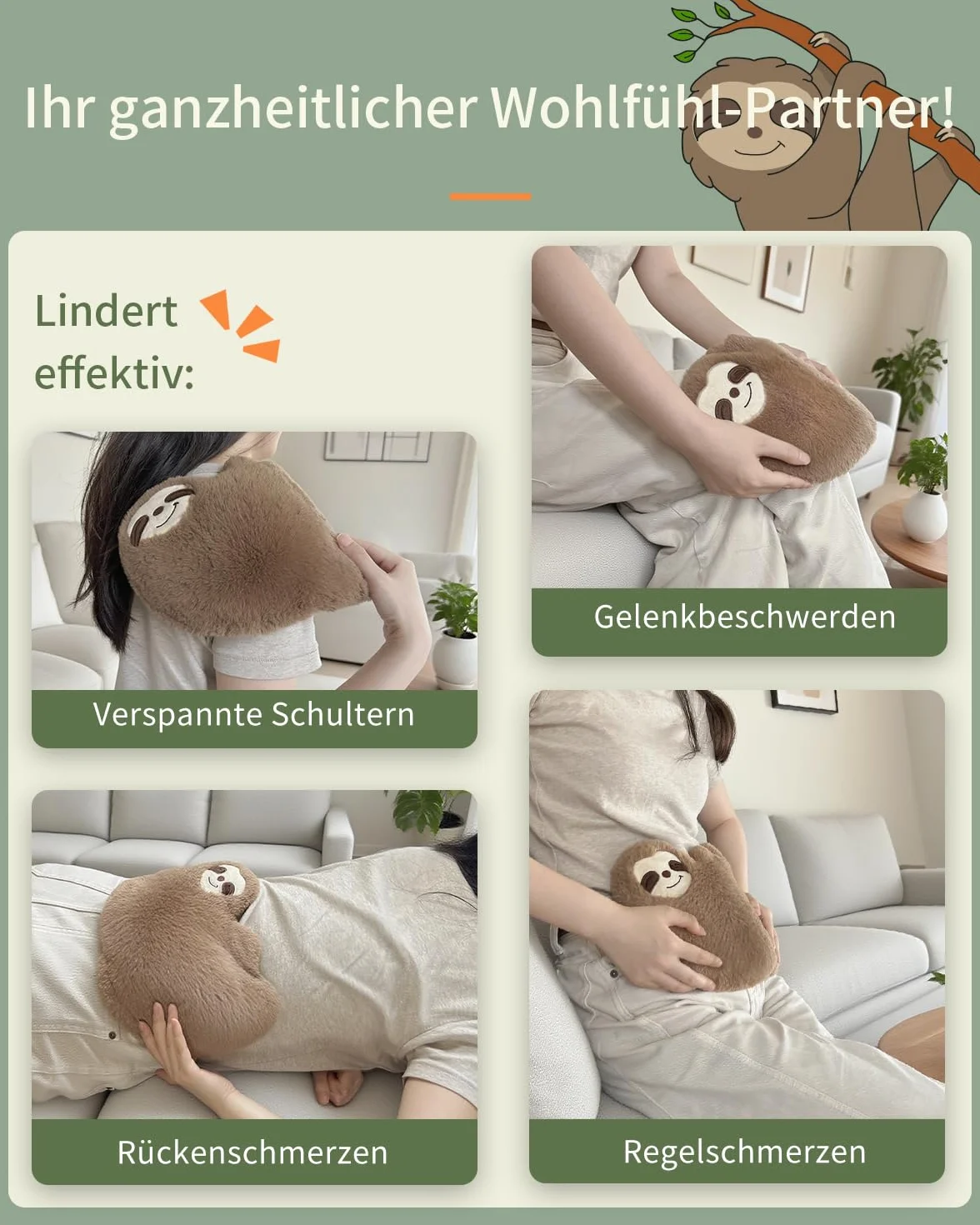uncn Sloth - Cuscino termico con grani, 660 g, per forno a microonde, per terapia termica umida, grande cuscino per microonde con rivestimento lavabile