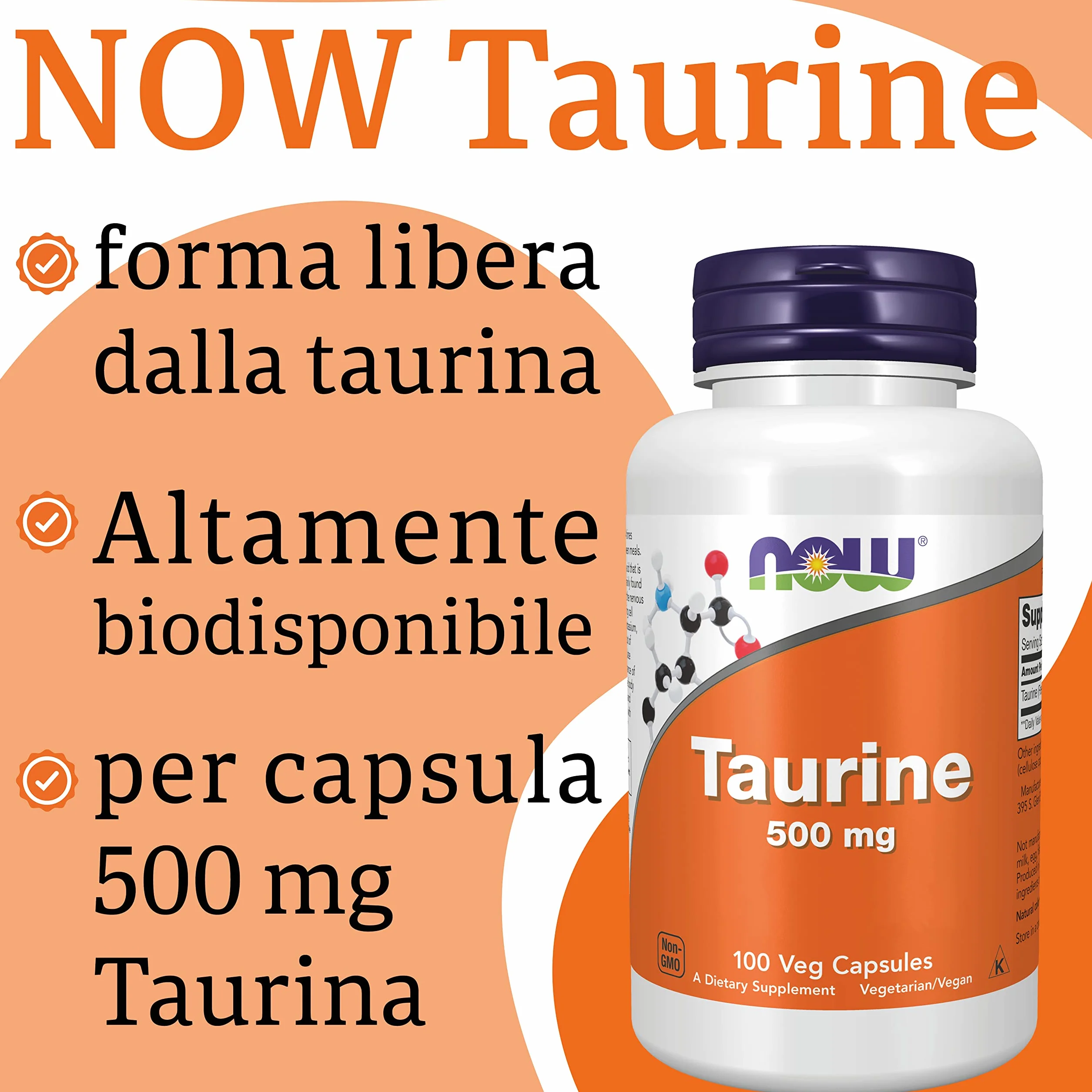 Now Foods Taurina 500 mg 100 Capsule Vegan Aminoacido Testato in Laboratorio