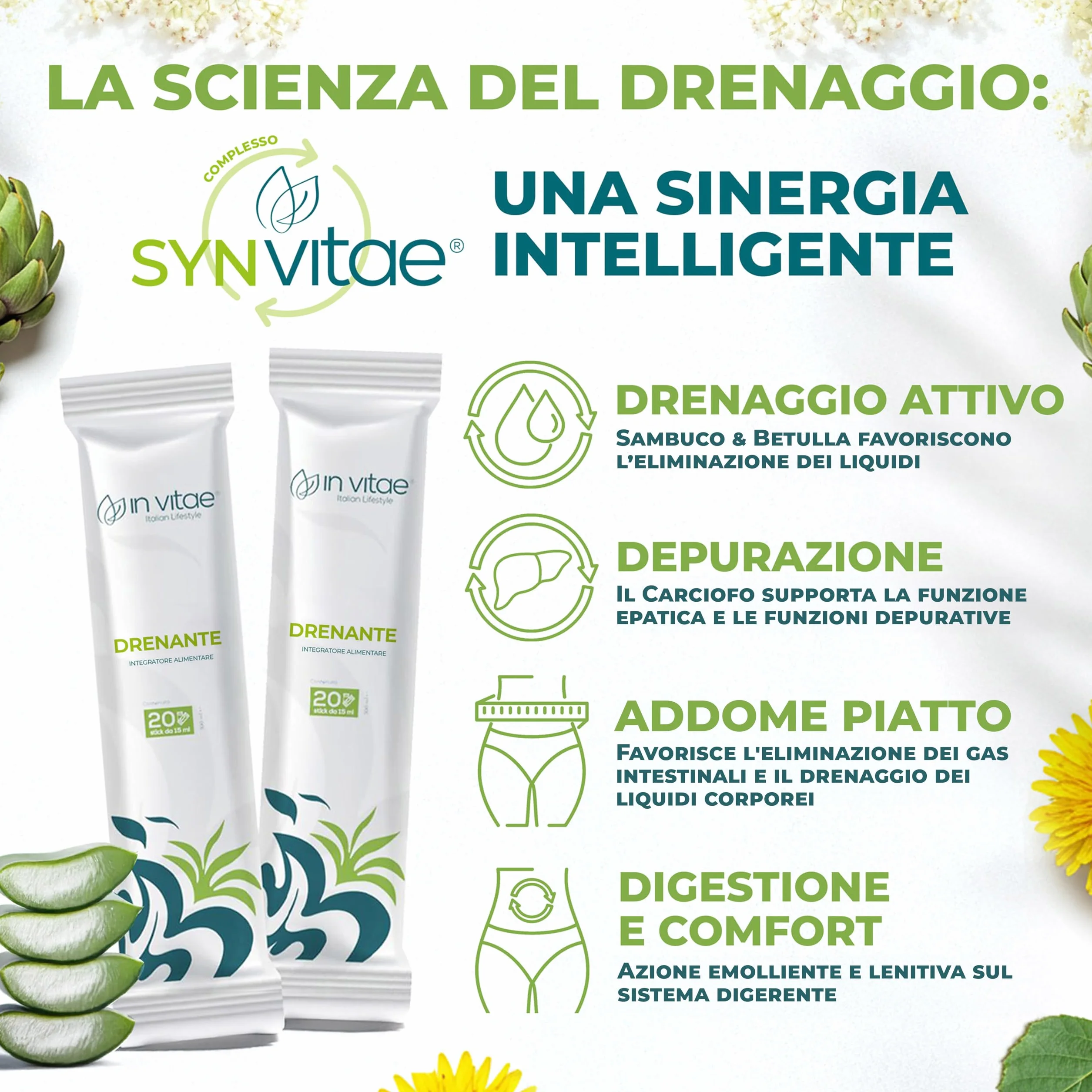 IN VITAE Drenante Forte Integratore con Aloe Tarassaco Betulla Carciofo e Sambuco Drenaggio Liquidi Corporei Funzioni Depurative 20 Stick Gel