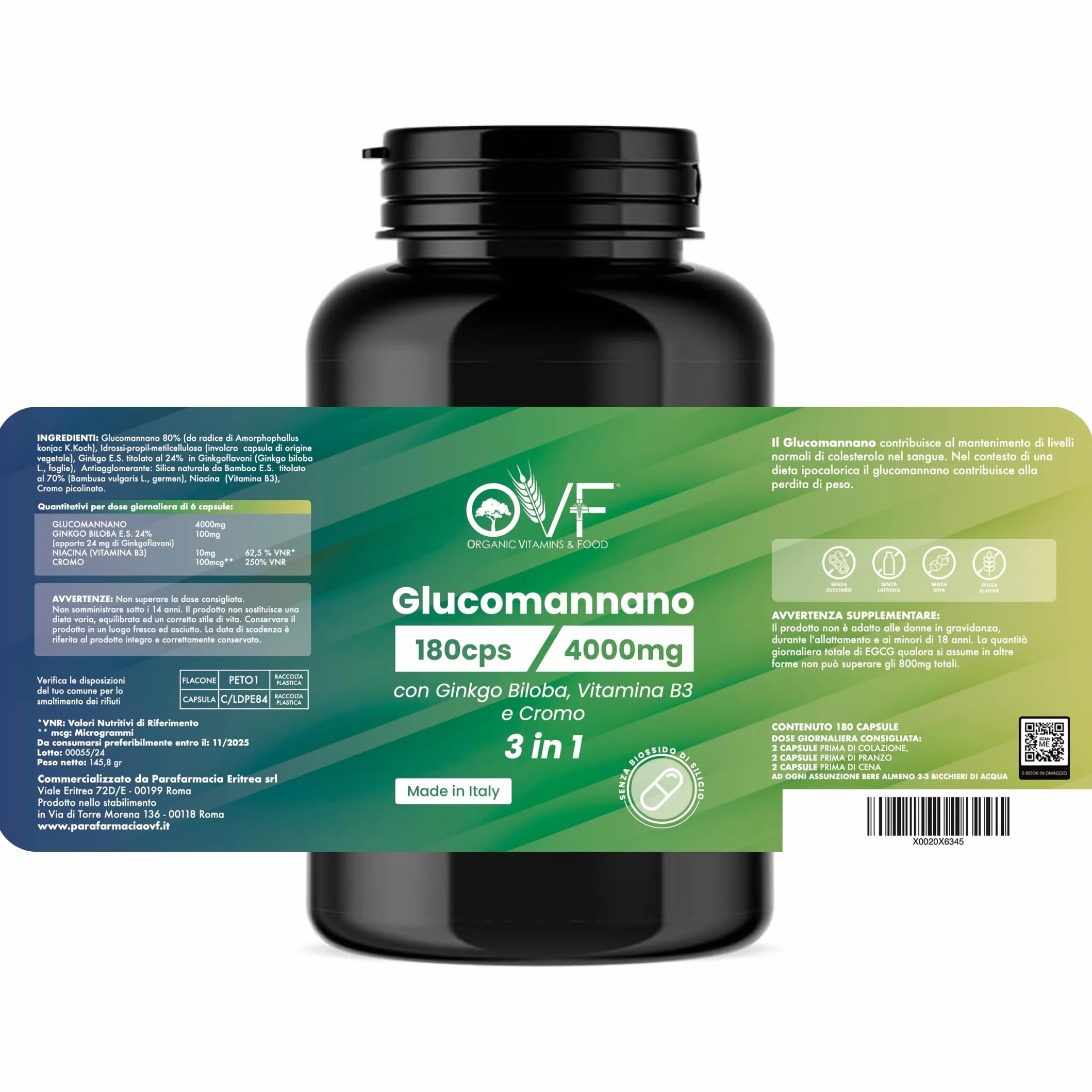 OVF Glucomannano Forte 4000 mg 180 Capsule Integratore Alimentare con Ginkgo Biloba, Vitamina B3 e Cromo, Made in Italy