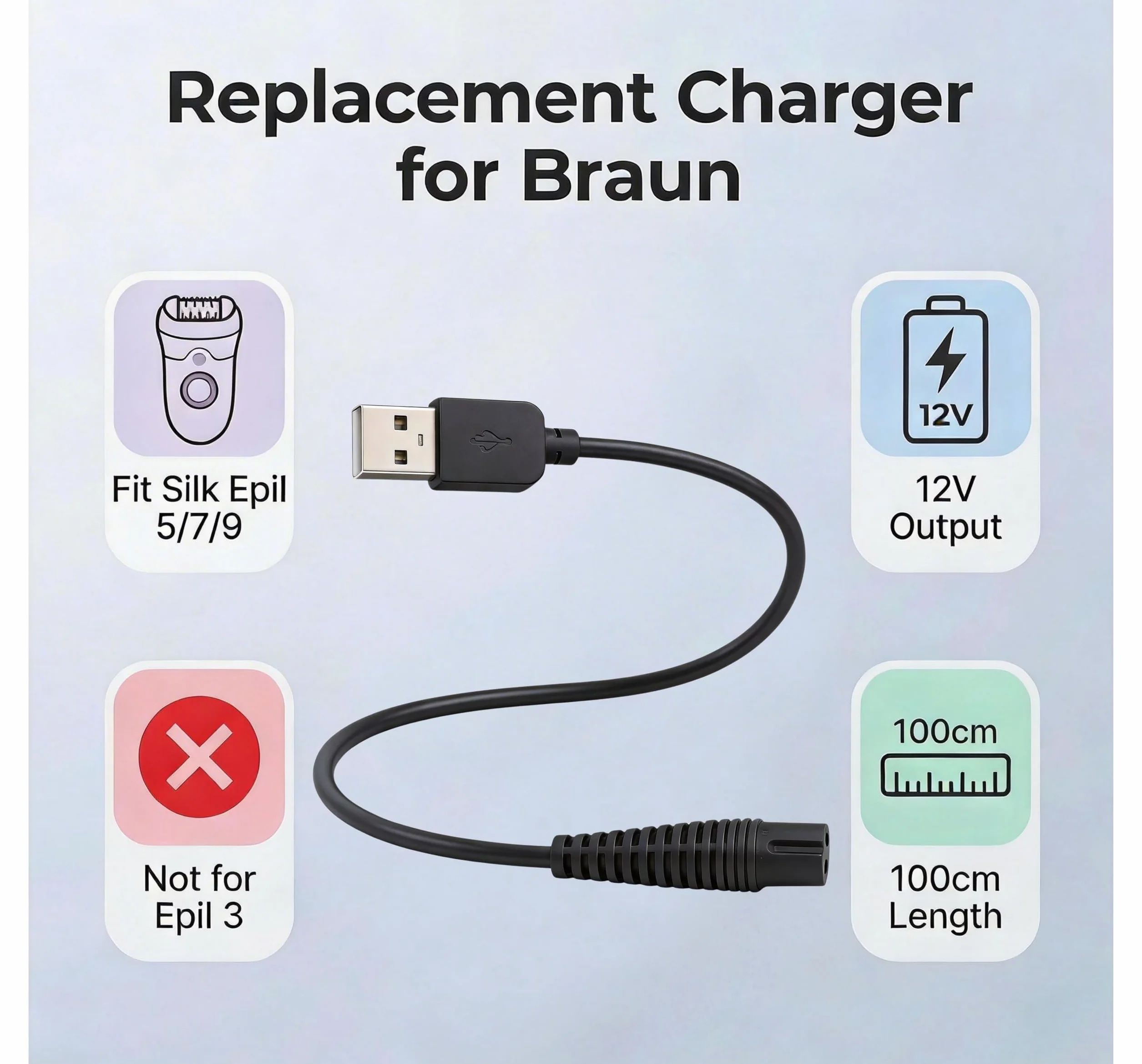 Cavo Alimentatore USB 12V compatibile con Braun Silk-épil 9 Flex 5 7 9 Caricatore