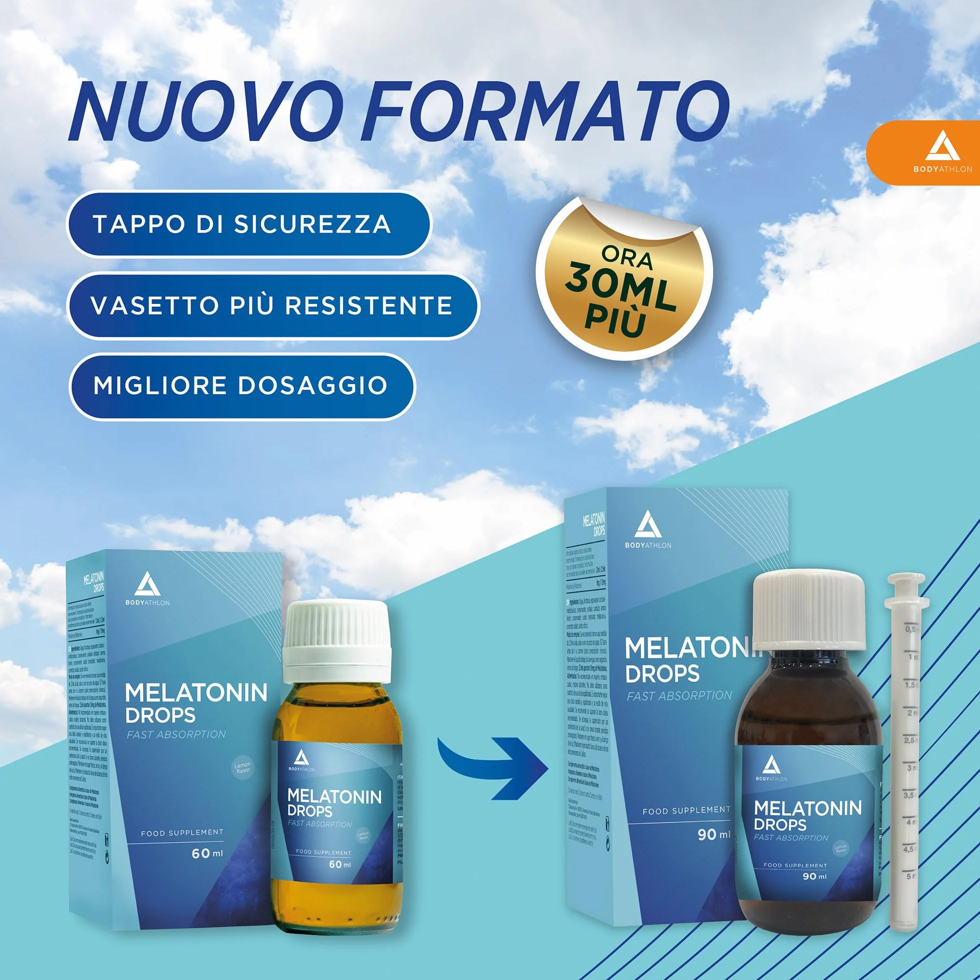 Melatonina pura in gocce 90ml BODYATHLON per dormire meglio insonnia vegano aroma limone